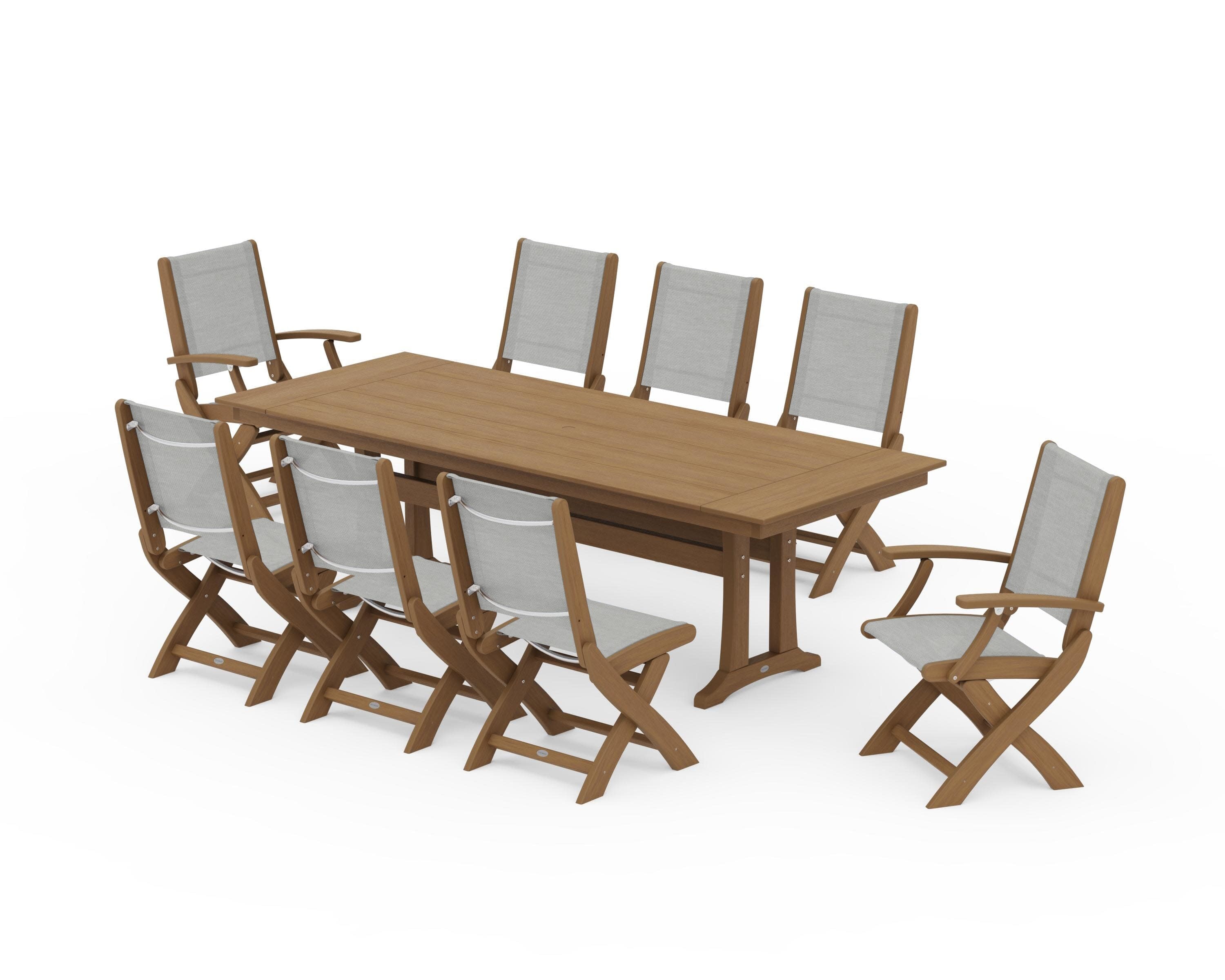 Coastal 9-Piece Folding Dining Chair Farmhouse Dining Set with Trestle Legs in Natural / Metallic Sling