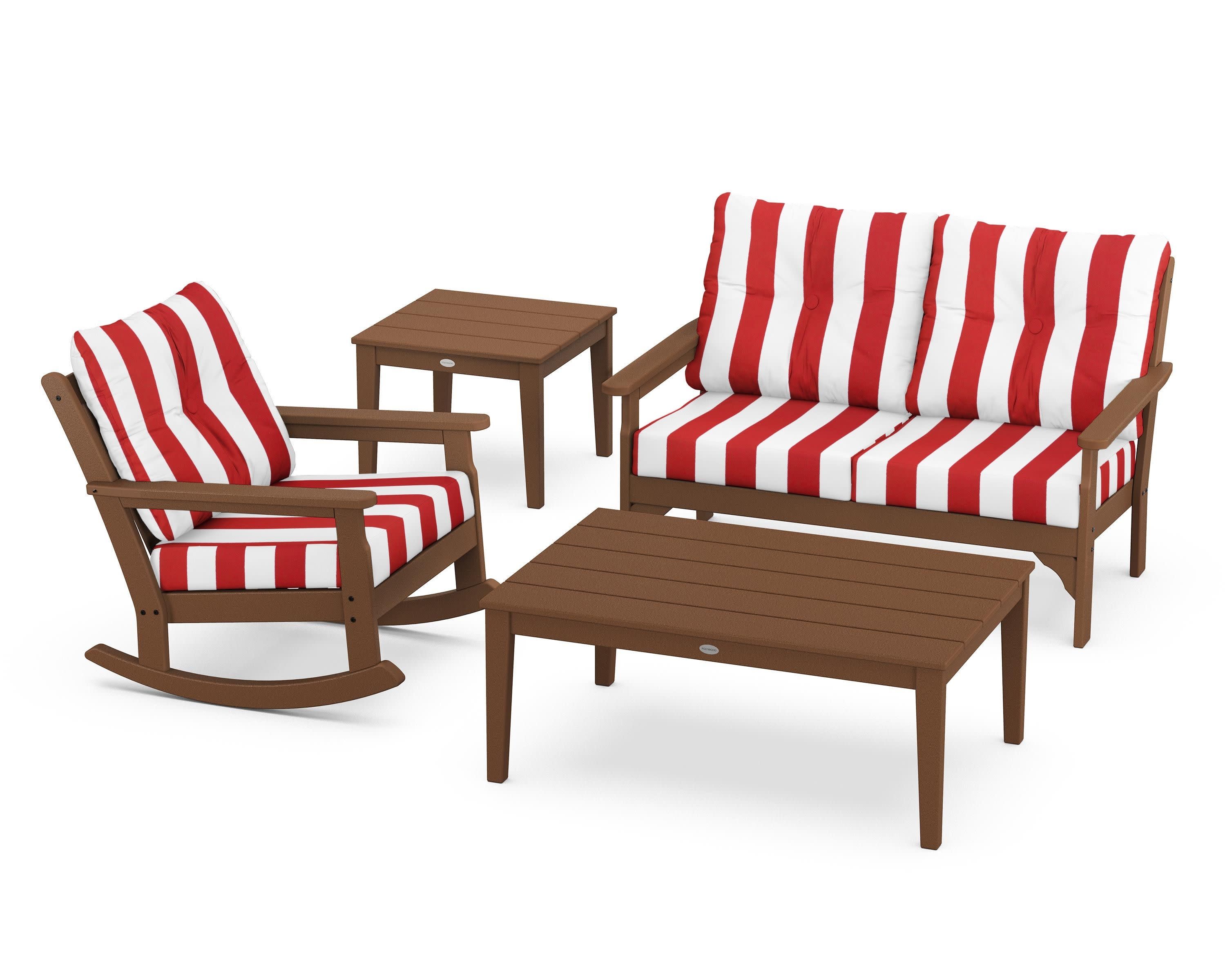 Vineyard 4-Piece Deep Seating Rocker Set in Teak / Cabana Stripe Crimson