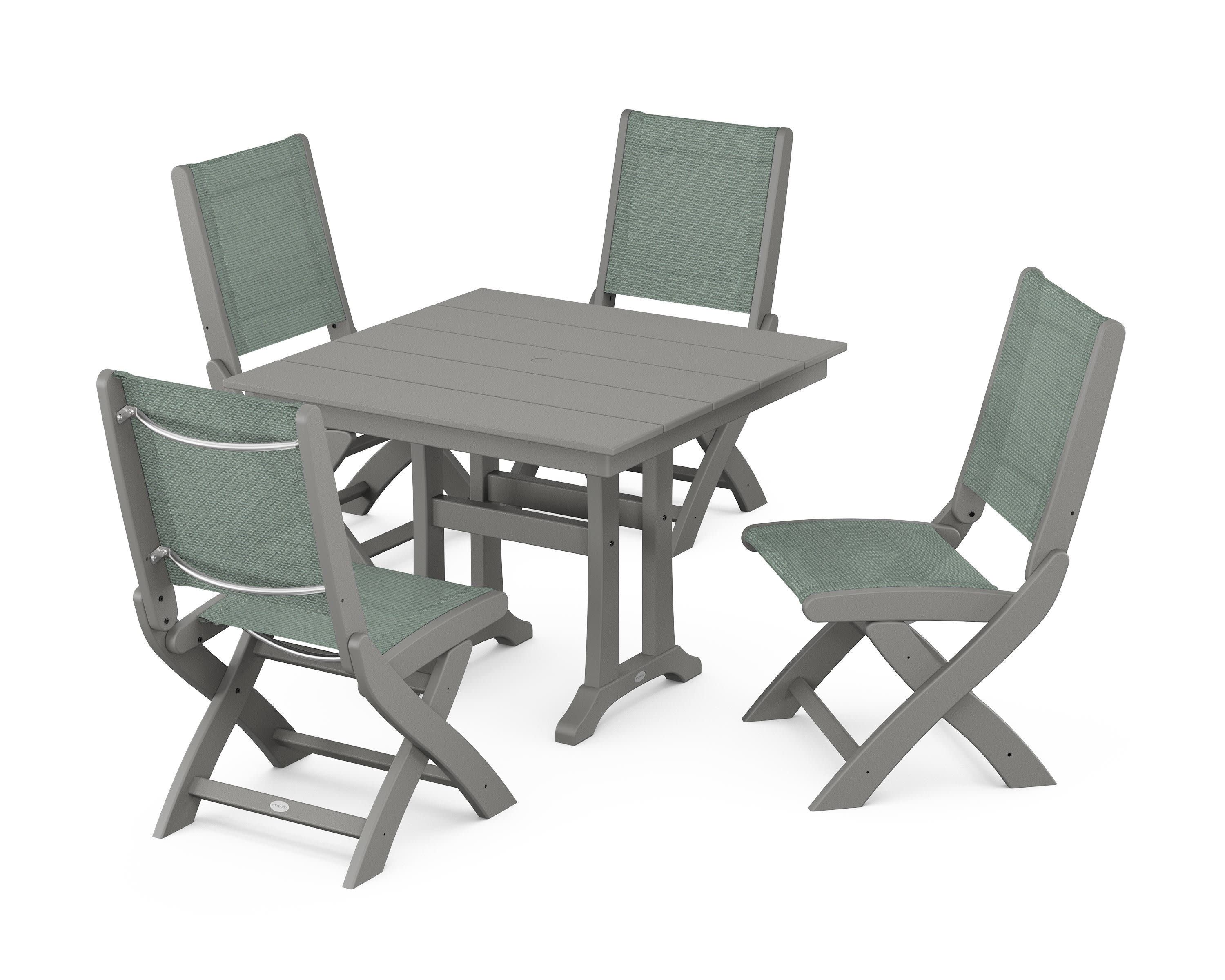 Coastal Folding Side Chair 5-Piece Farmhouse Dining Set With Trestle Legs in Slate Grey / Dupioni Sea Mist Sling