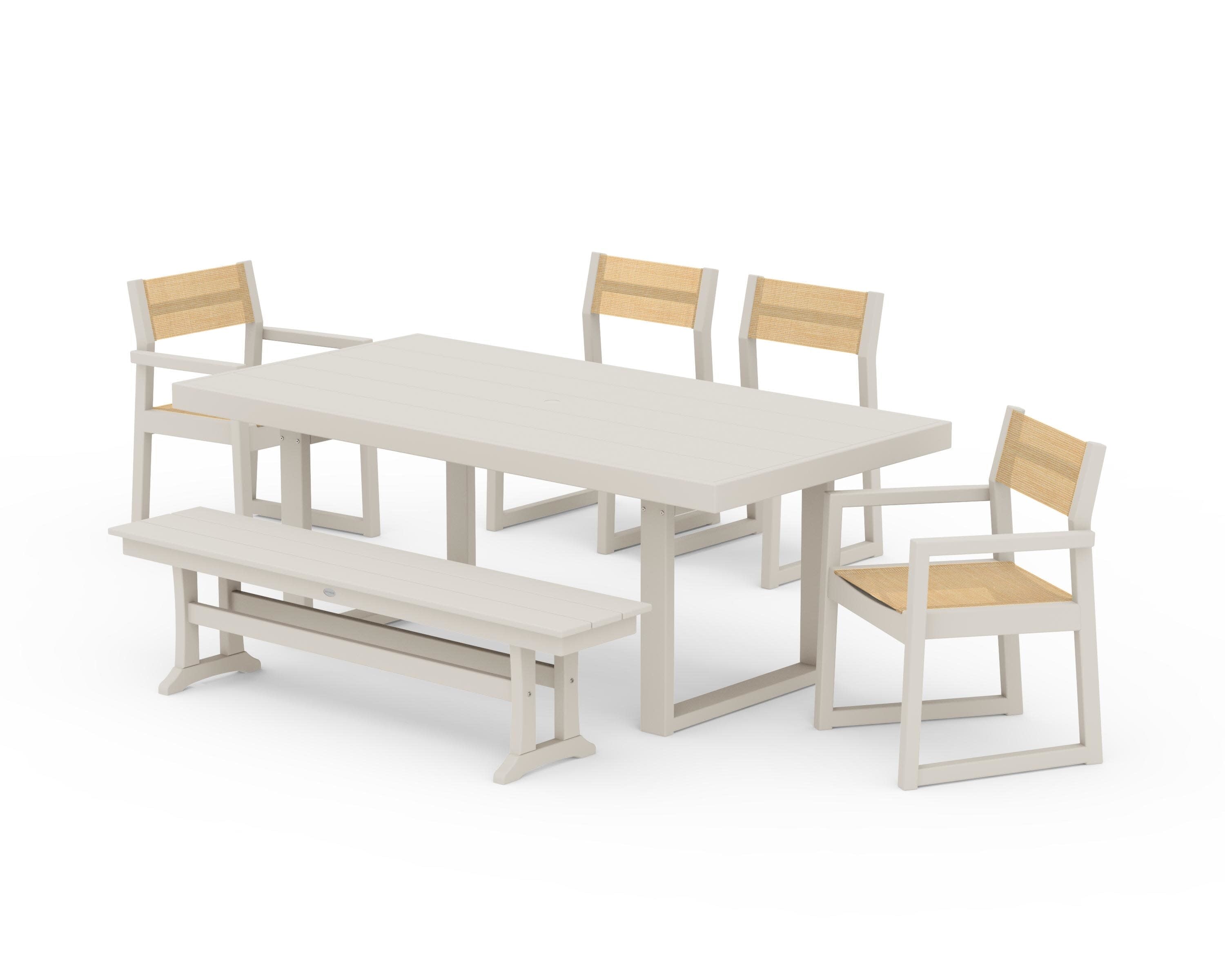 EDGE Sling 6-Piece Dining Set with Bench in Sand / Dupioni Apricot Sling
