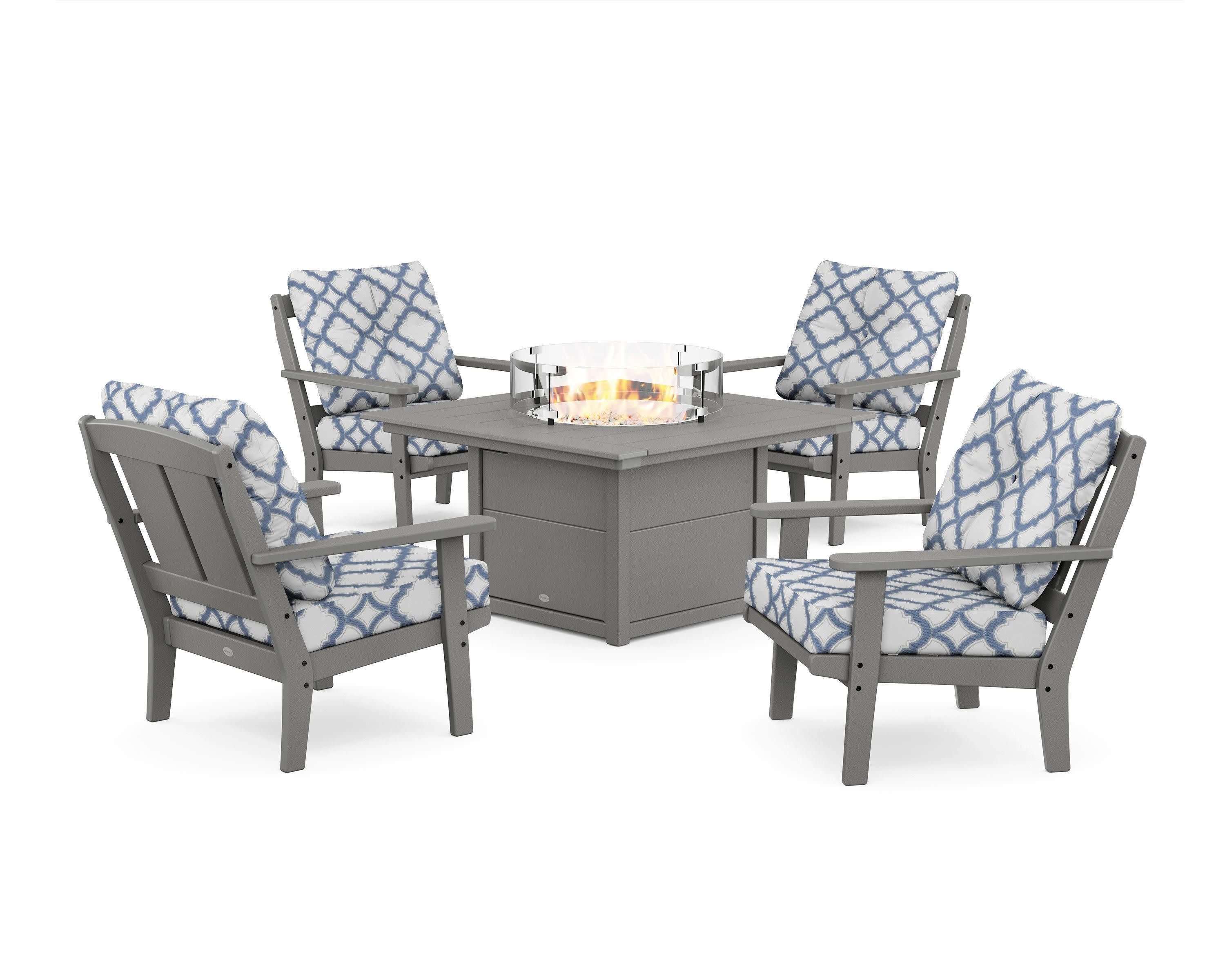 Mission 5-Piece Deep Seating Set with Fire Pit Table in Slate Grey / Trellis Sky Blue