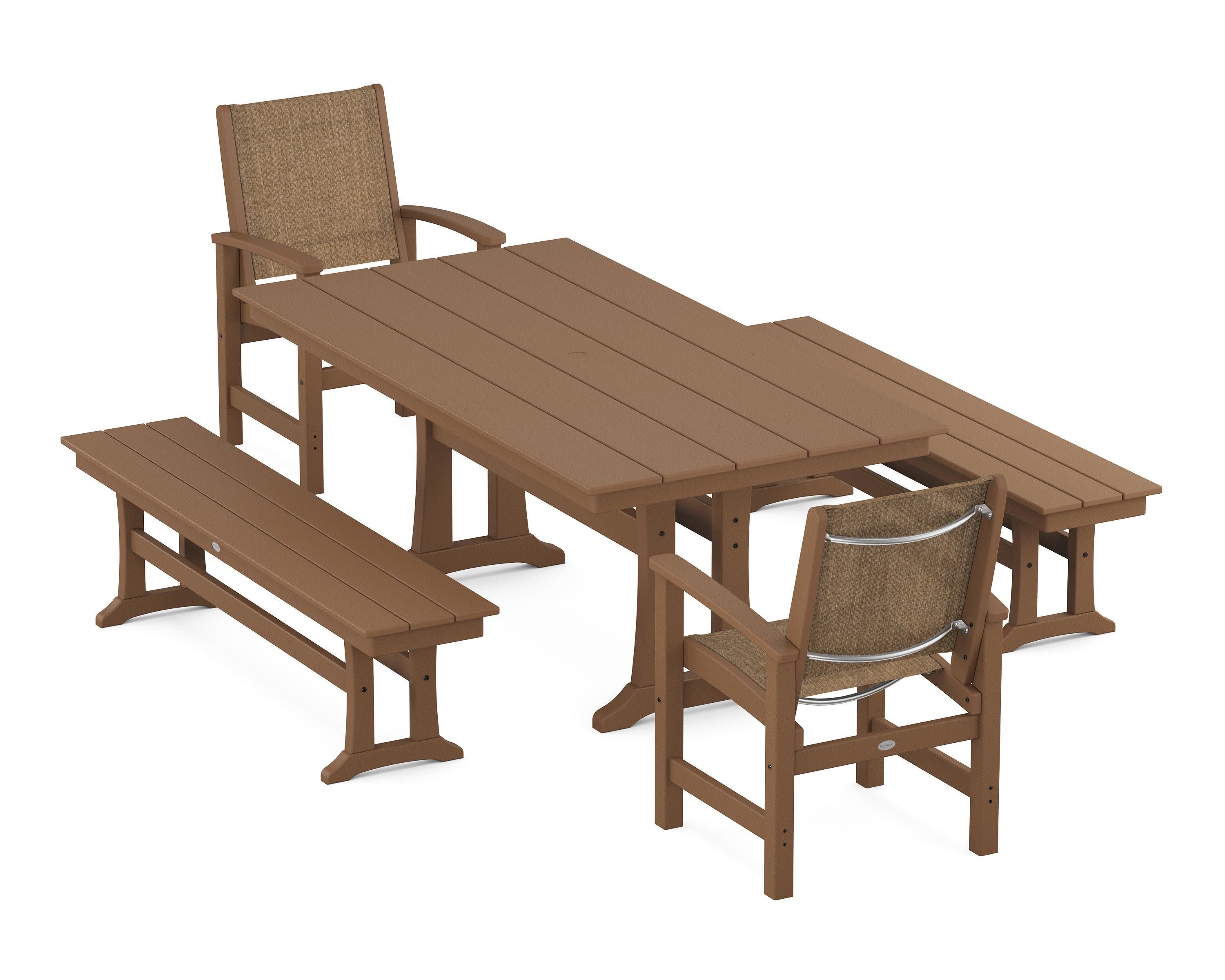 Coastal 5-Piece Farmhouse Dining Set with Trestle Legs and Benches in Teak / Burlap Sling