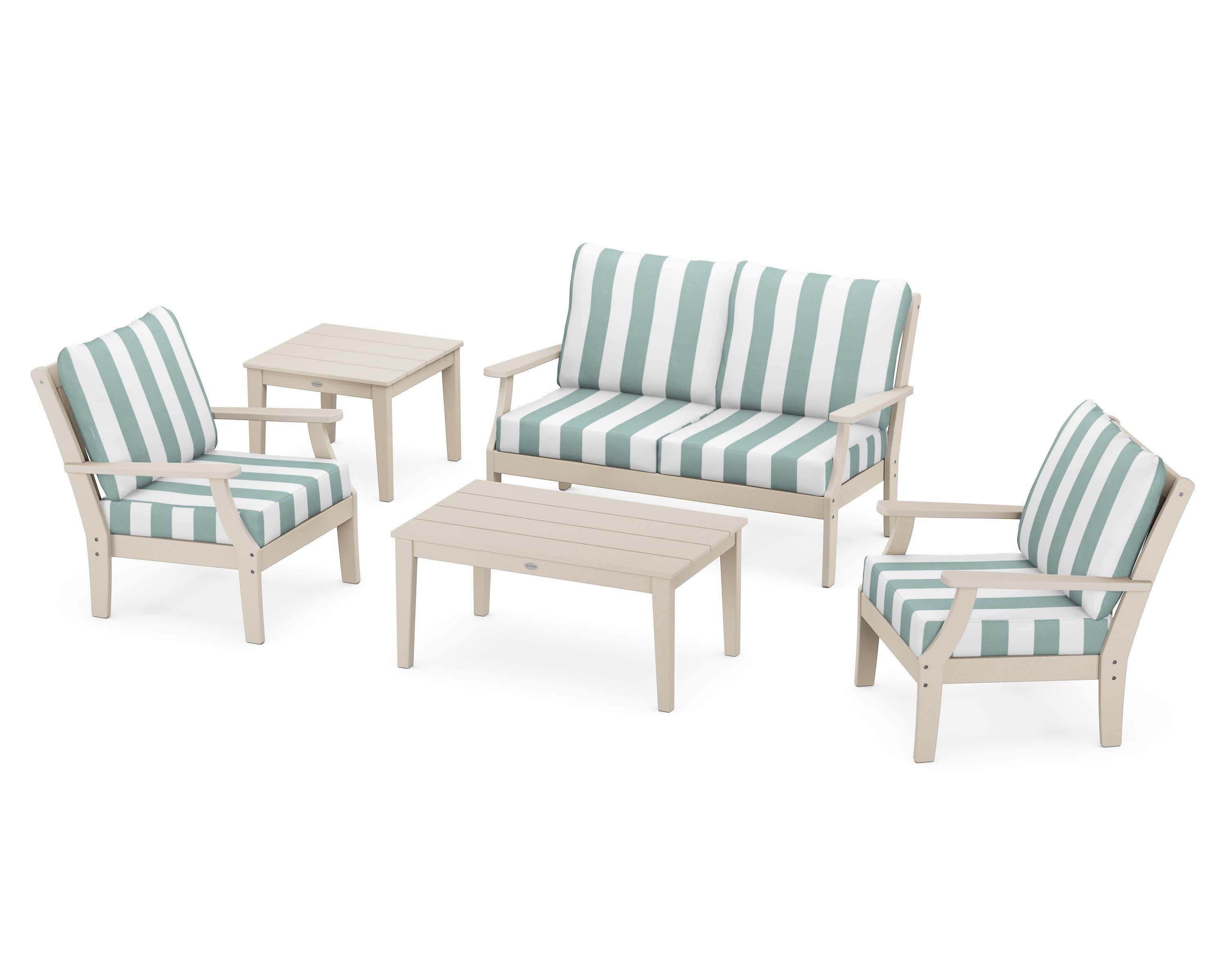 Braxton 5-Piece Deep Seating Set in Sand / Cabana Stripe Glacier Spa