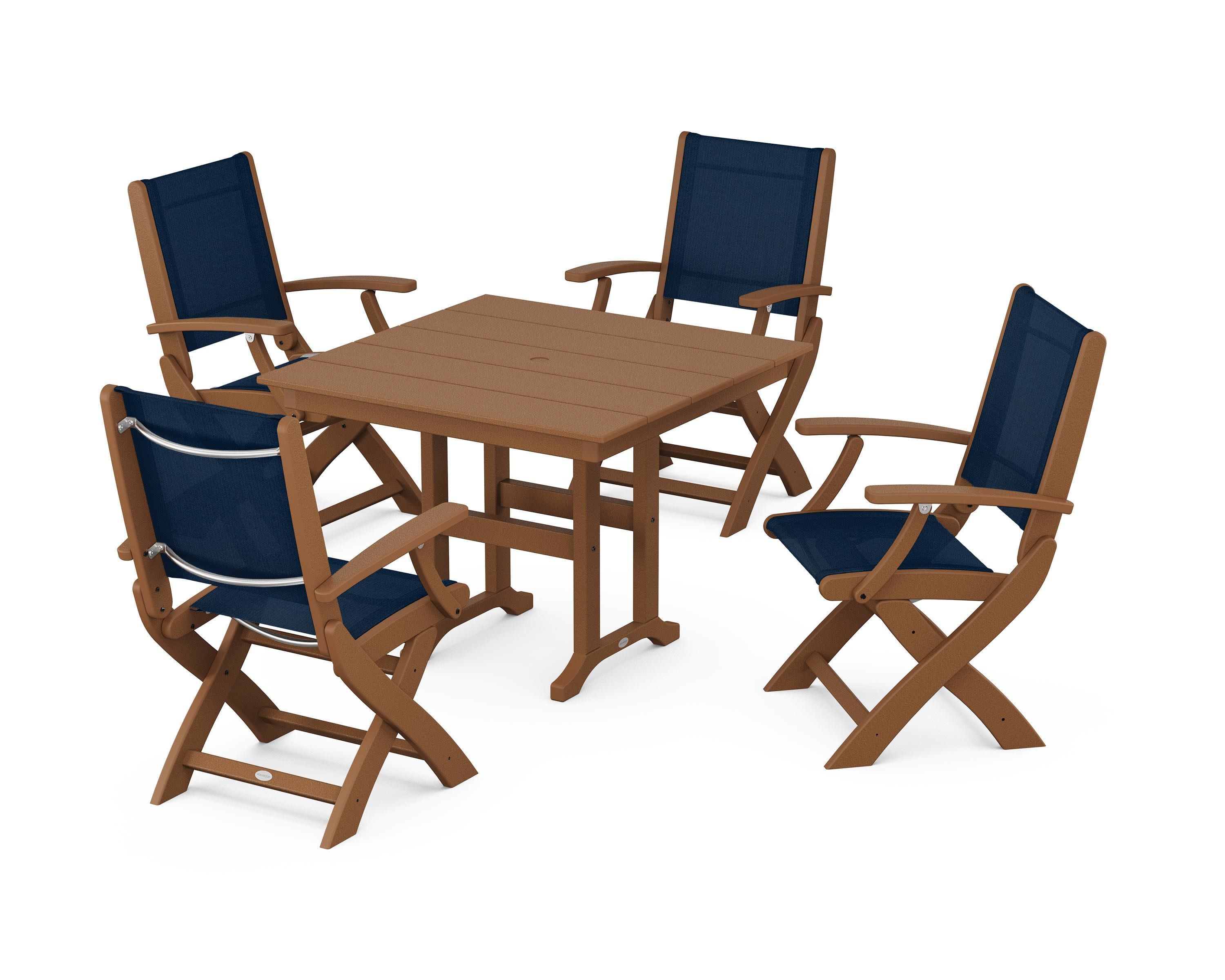 Coastal Folding Chair 5-Piece Farmhouse Dining Set in Teak / Navy Blue Sling