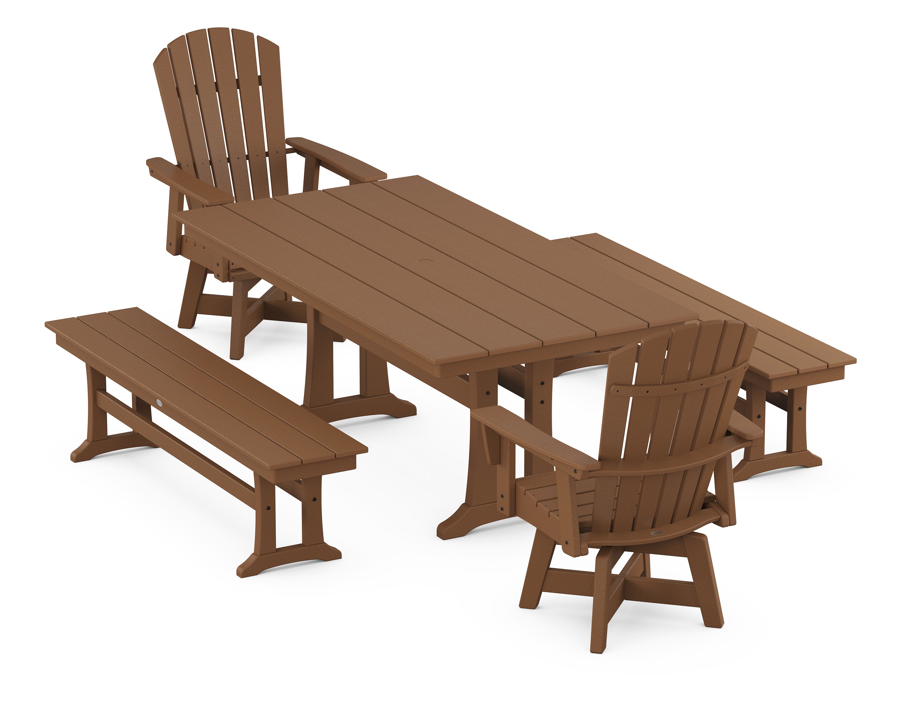 Nautical Curveback Adirondack Swivel Chair 5-Piece Farmhouse Dining Set With Trestle Legs and Benches in Teak