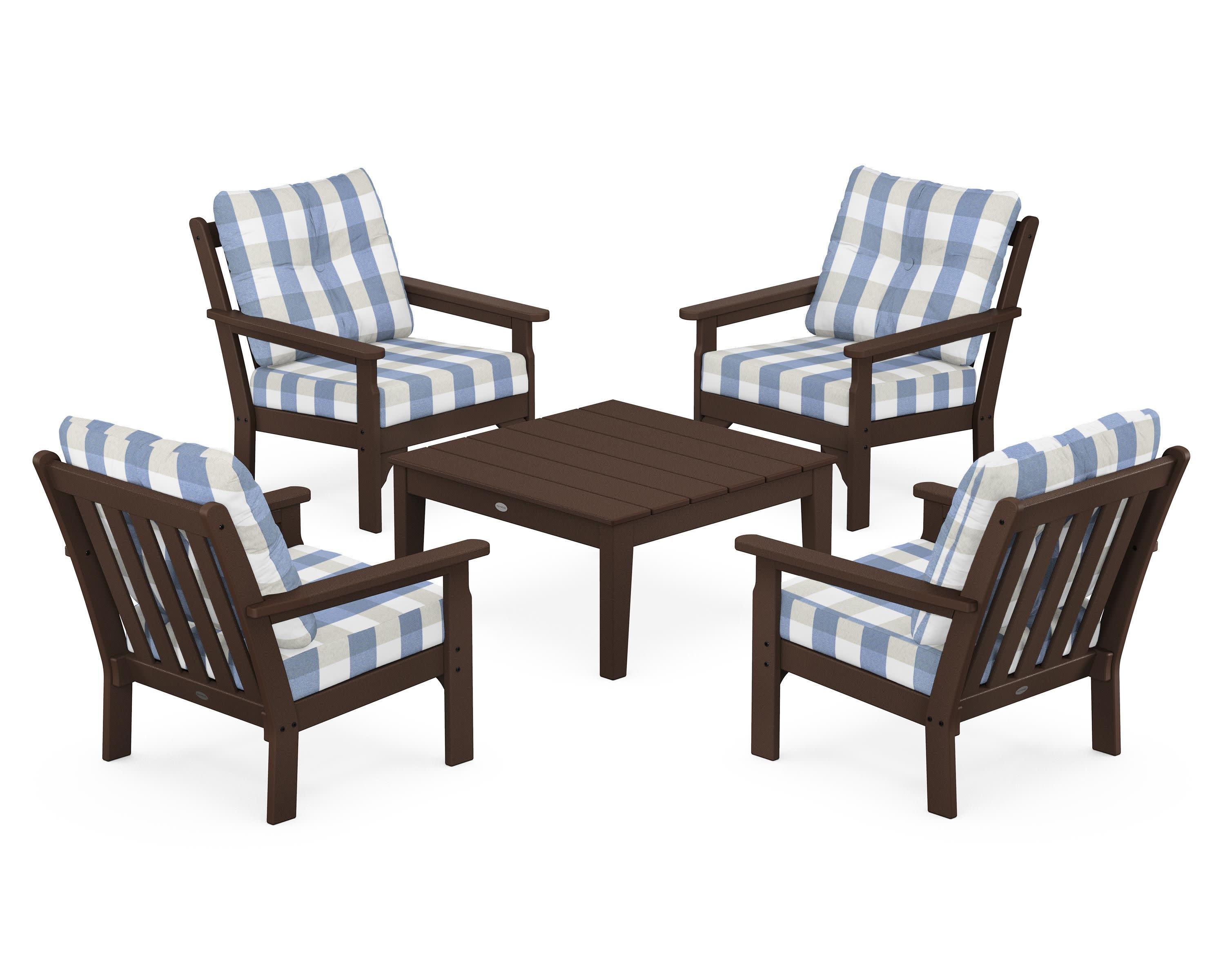 Vineyard 5-Piece Deep Seating Conversation Set in Mahogany / Buffalo Plaid Sky Blue