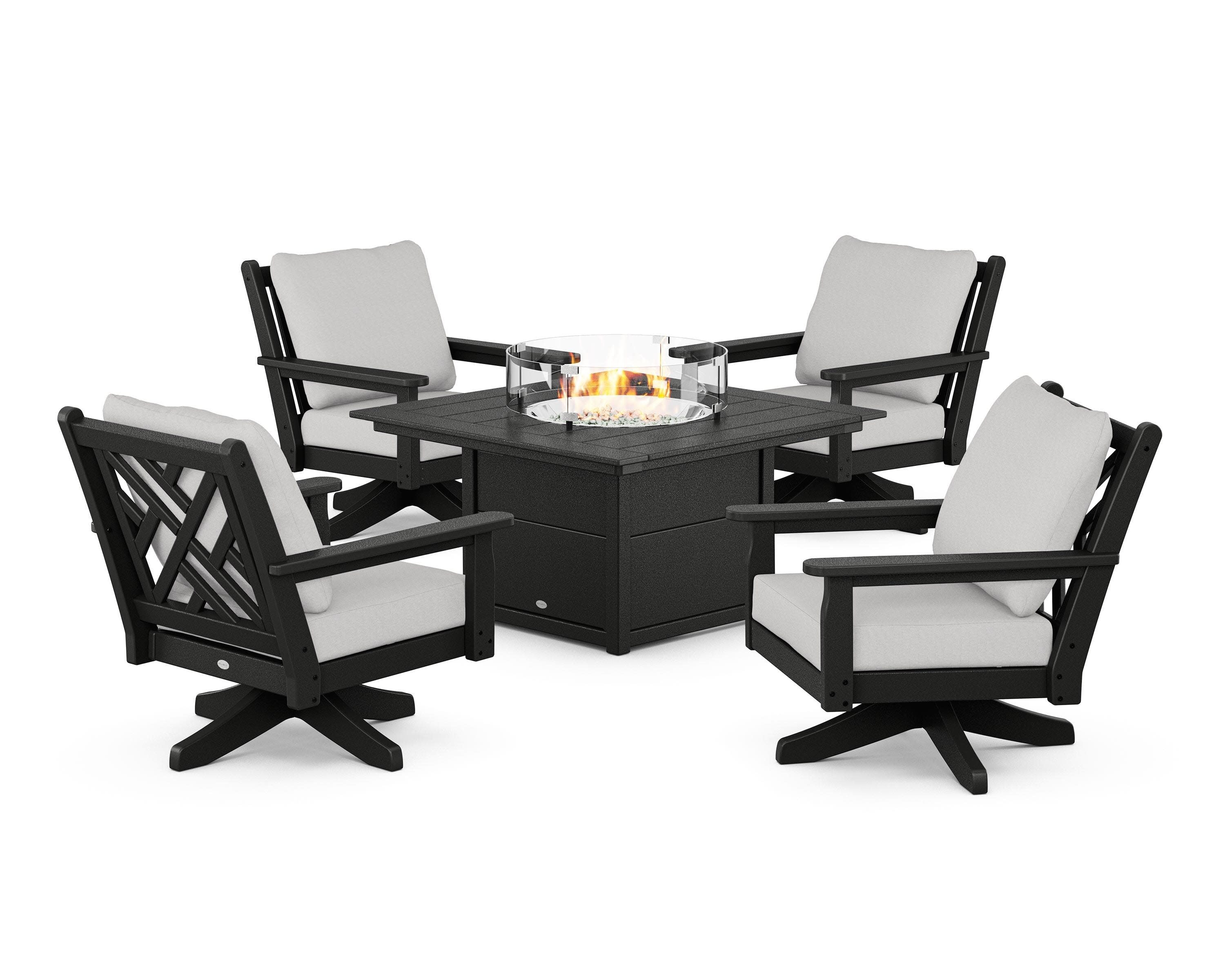 Chippendale 5-Piece Deep Seating Swivel Conversation Set with Fire Pit Table in Black / Diamond in the Rough