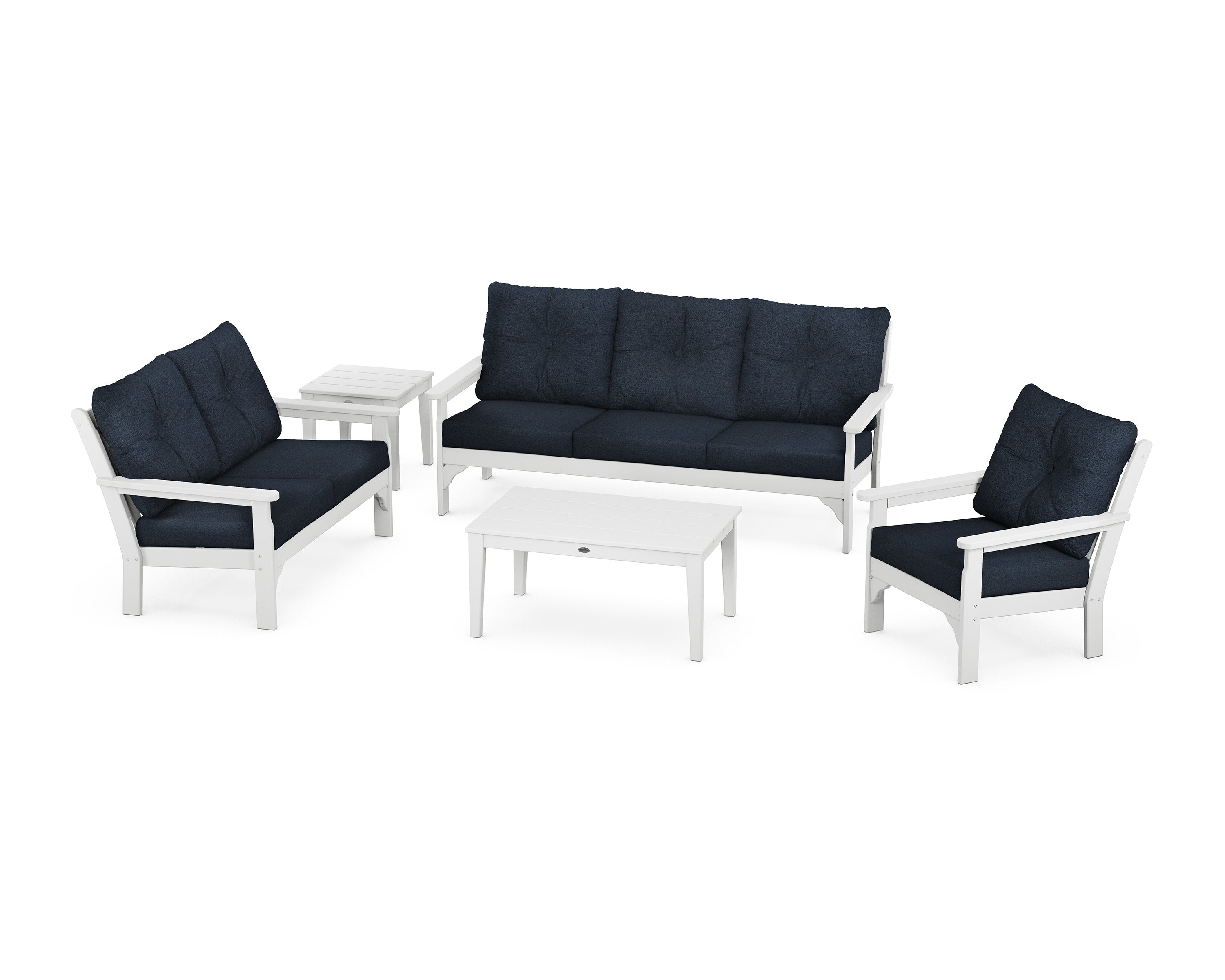 Vineyard 5 Piece Deep Seating Set in White / Marine Indigo
