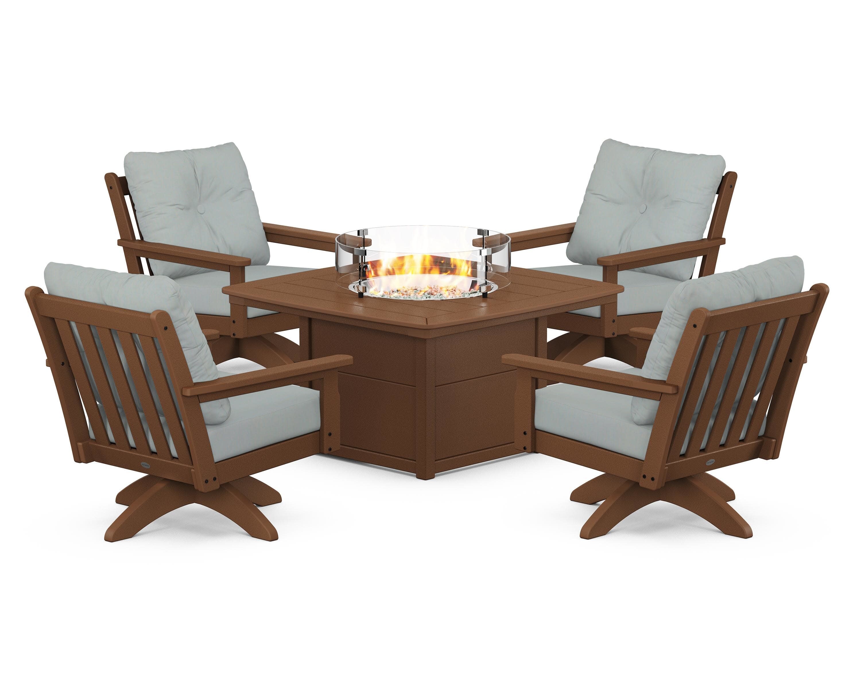Vineyard 5-Piece Deep Seating Swivel Conversation Set with Fire Pit Table in Teak / Spa