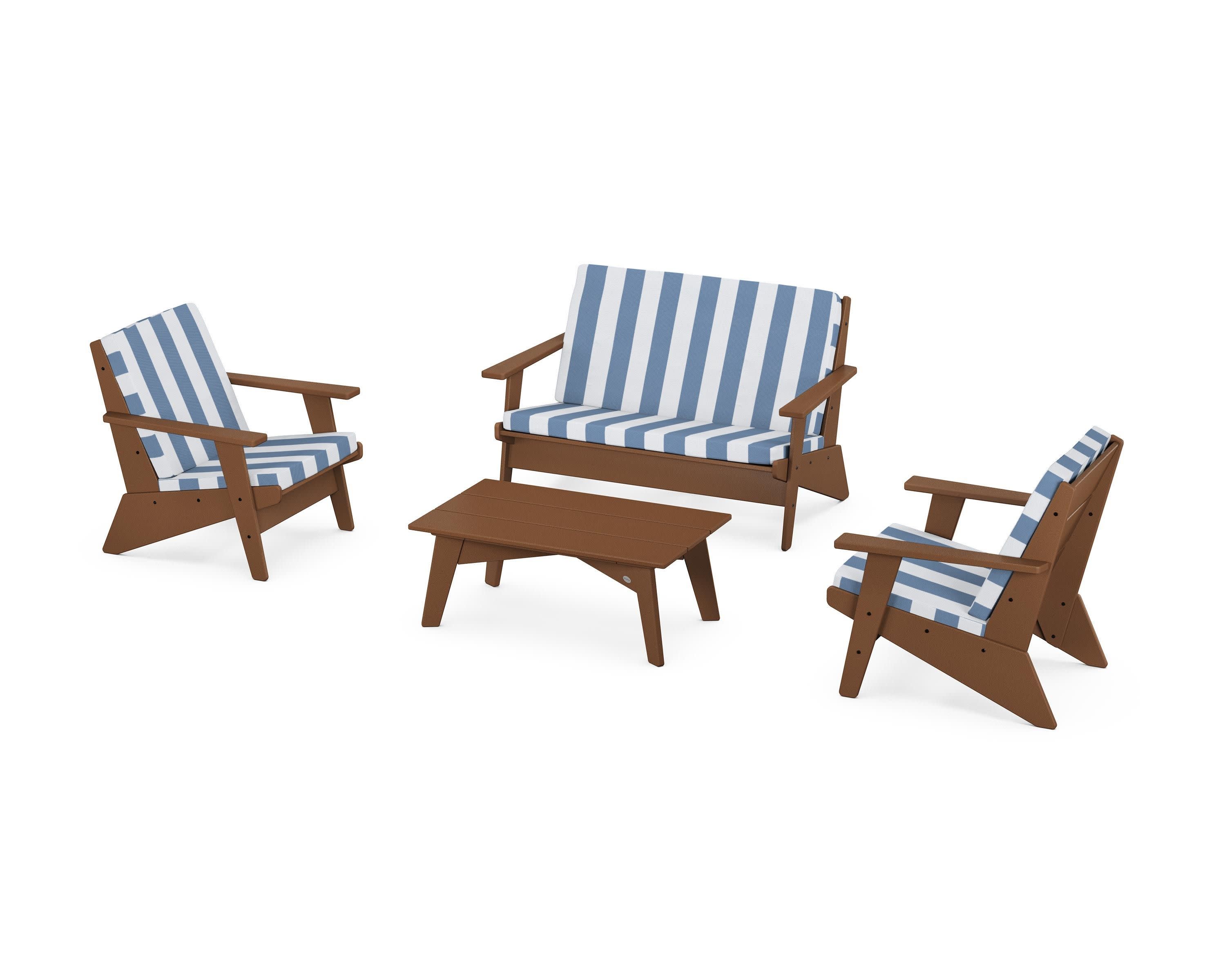 Riviera Modern Lounge 4-Piece Set in Teak / Cabana Stripe Sky Blue