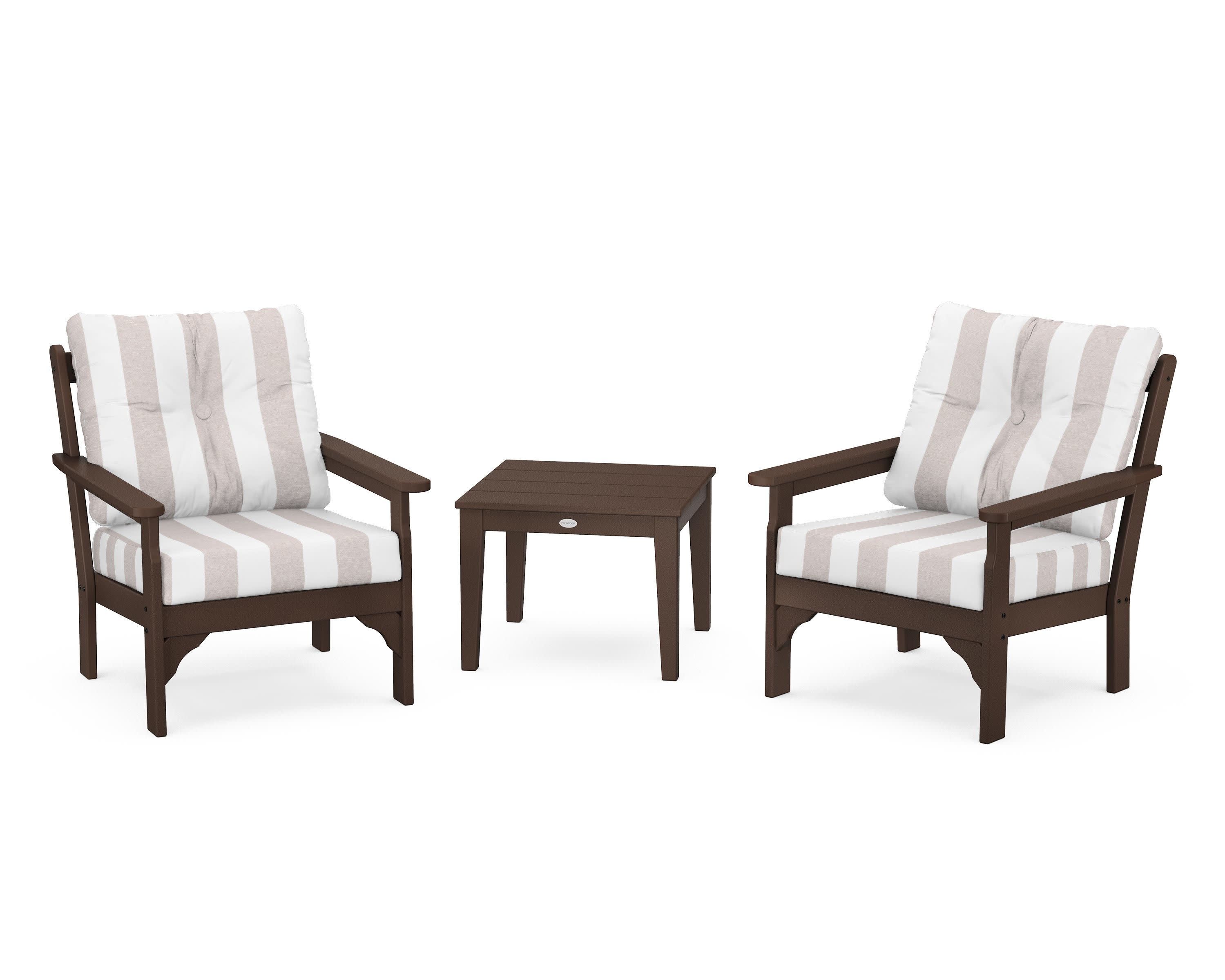 Vineyard 3-Piece Deep Seating Set in Mahogany / Cabana Stripe Dune Burlap