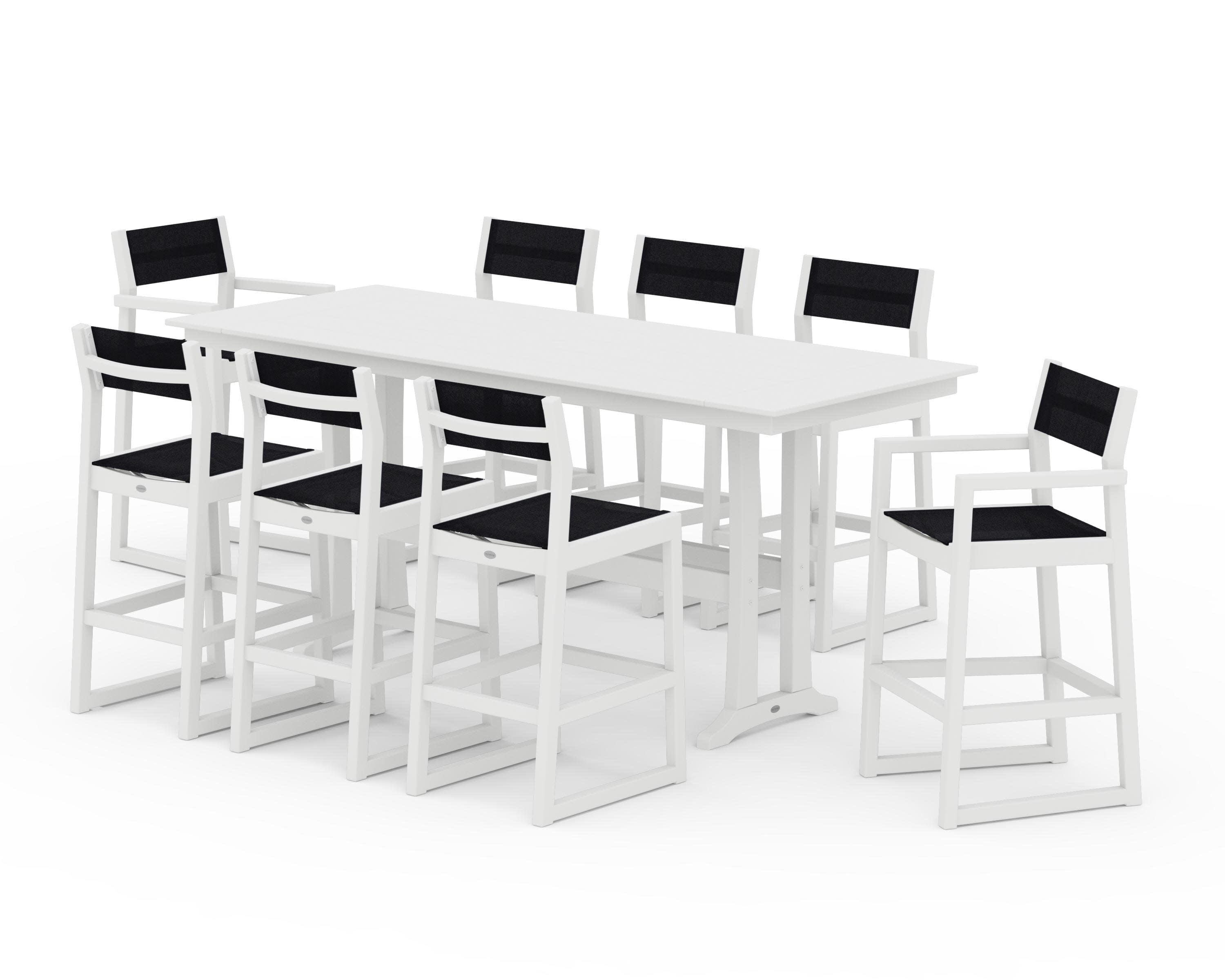 EDGE Sling 9-Piece Farmhouse Bar Set with Trestle Legs in White / Black Sling