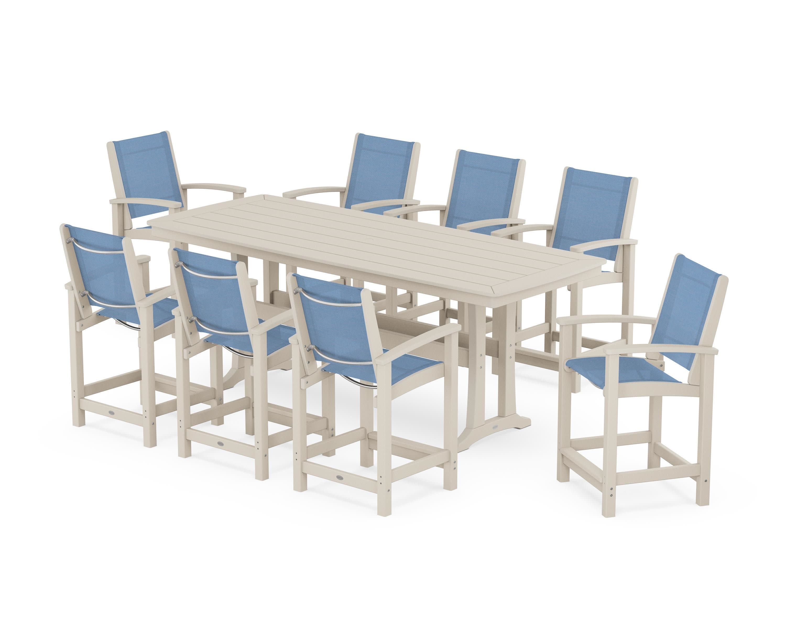 Coastal 9-Piece Counter Set with Trestle Legs in Sand / Poolside Sling