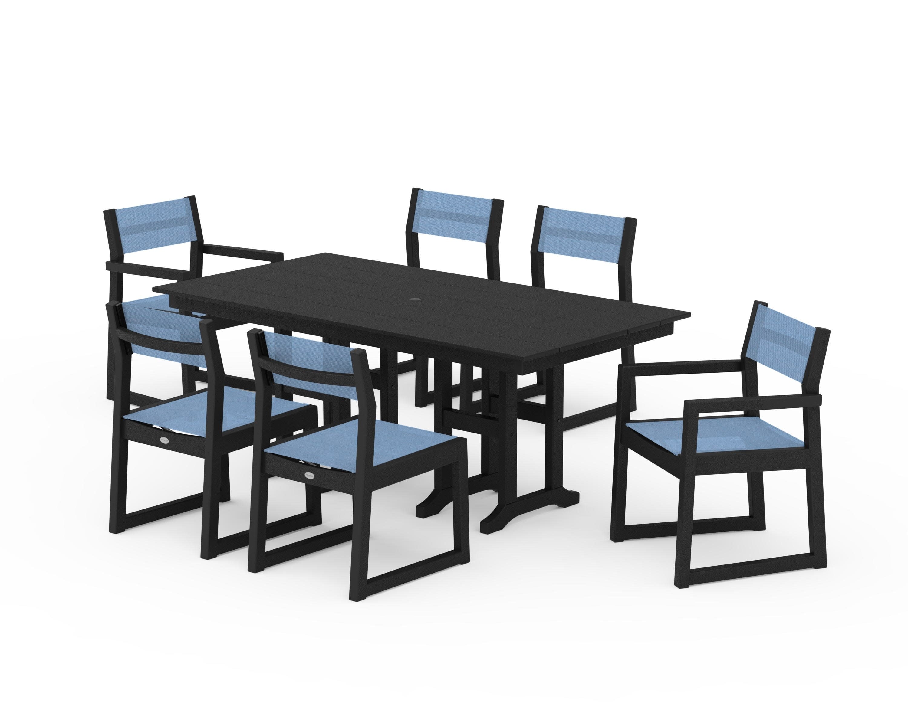 EDGE Sling 7-Piece Farmhouse Dining Set in Black / Poolside Sling