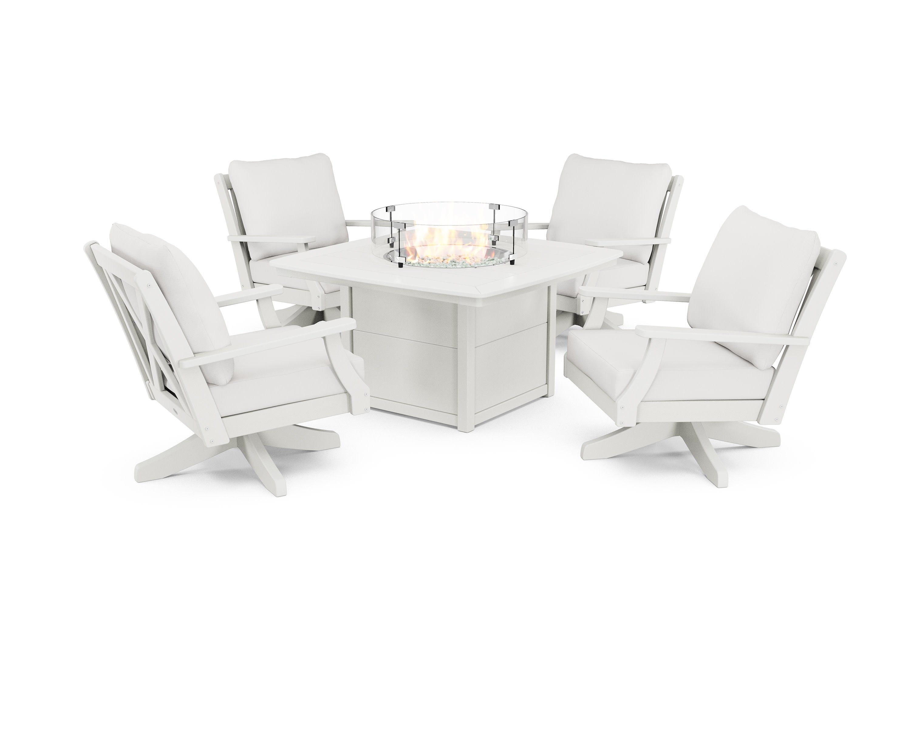 Braxton 5-Piece Deep Seating Swivel Conversation Set with Fire Pit Table in Vintage White / Natural Linen