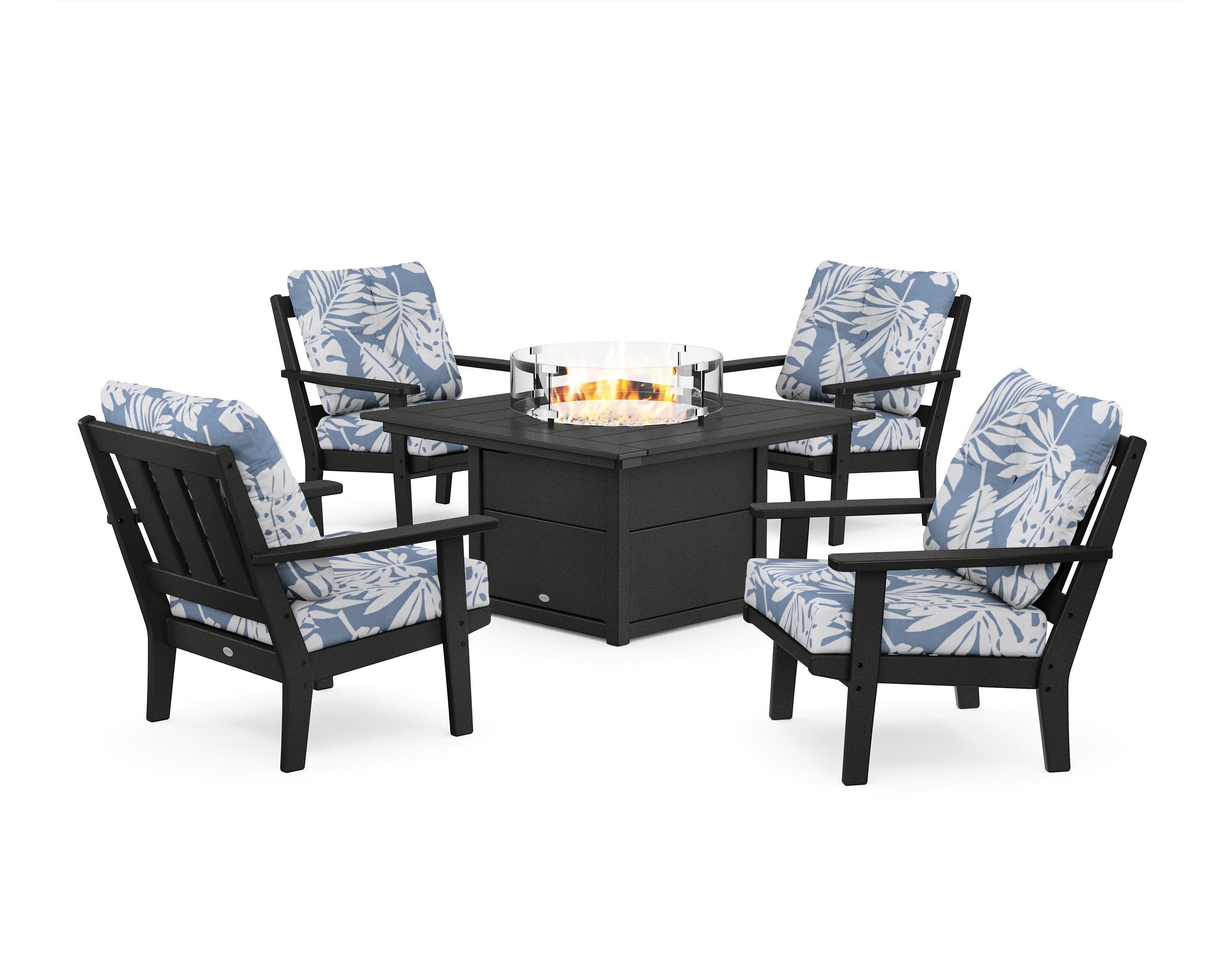 Oxford 5-Piece Deep Seating Set with Fire Pit Table in Black / Leaf Sky Blue