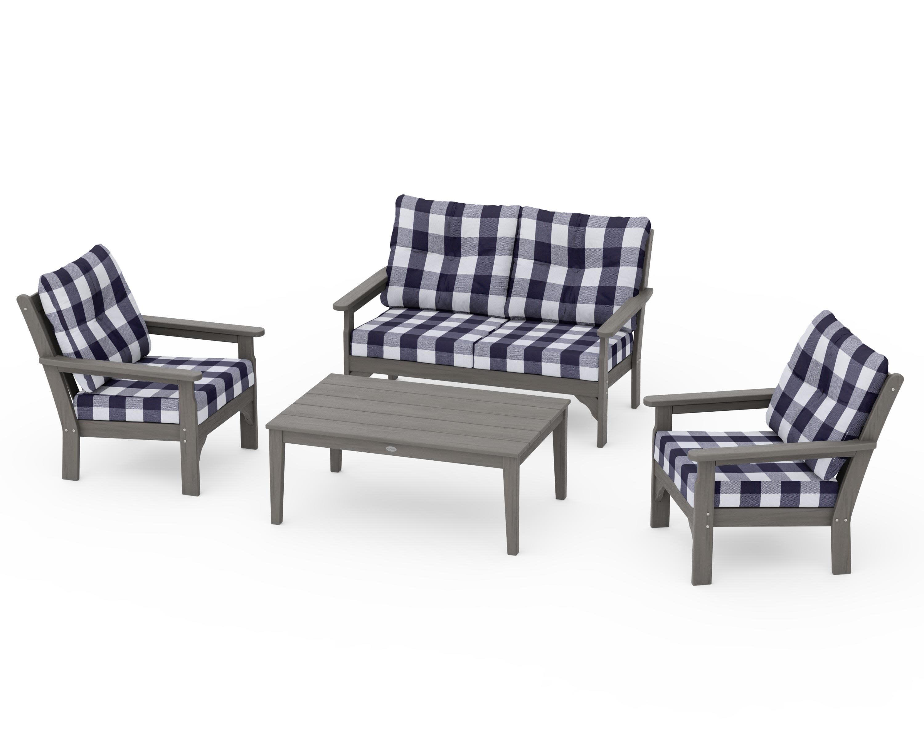 Vineyard 4-Piece Deep Seating Set in Driftwood / Buffalo Plaid Navy