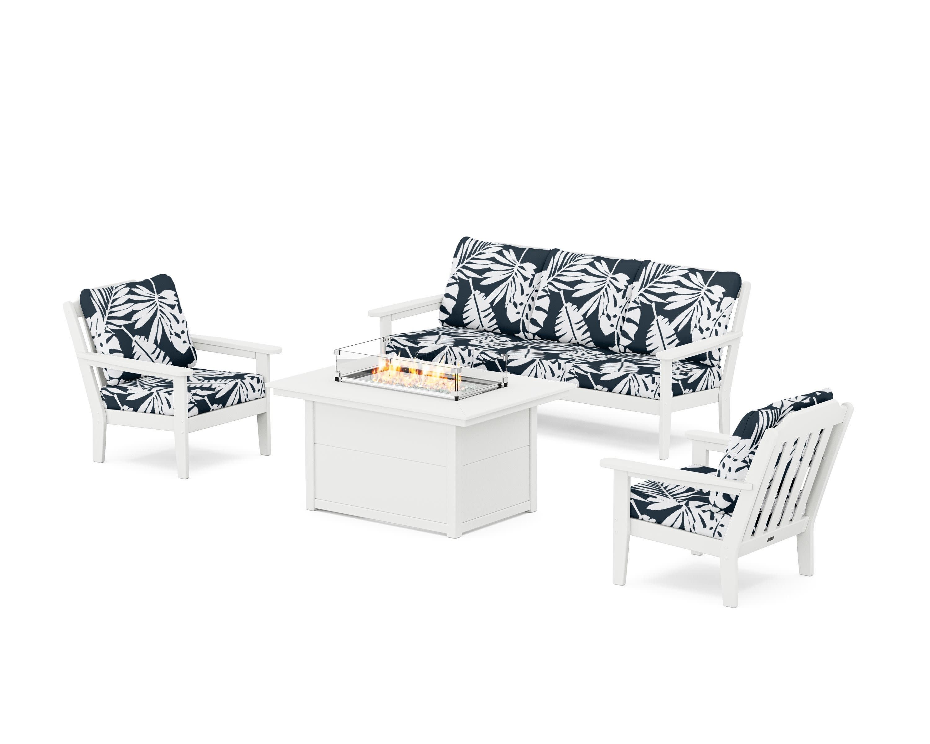 Cottage Deep Seating Fire Pit Table Set in White / Leaf Marine Indigo