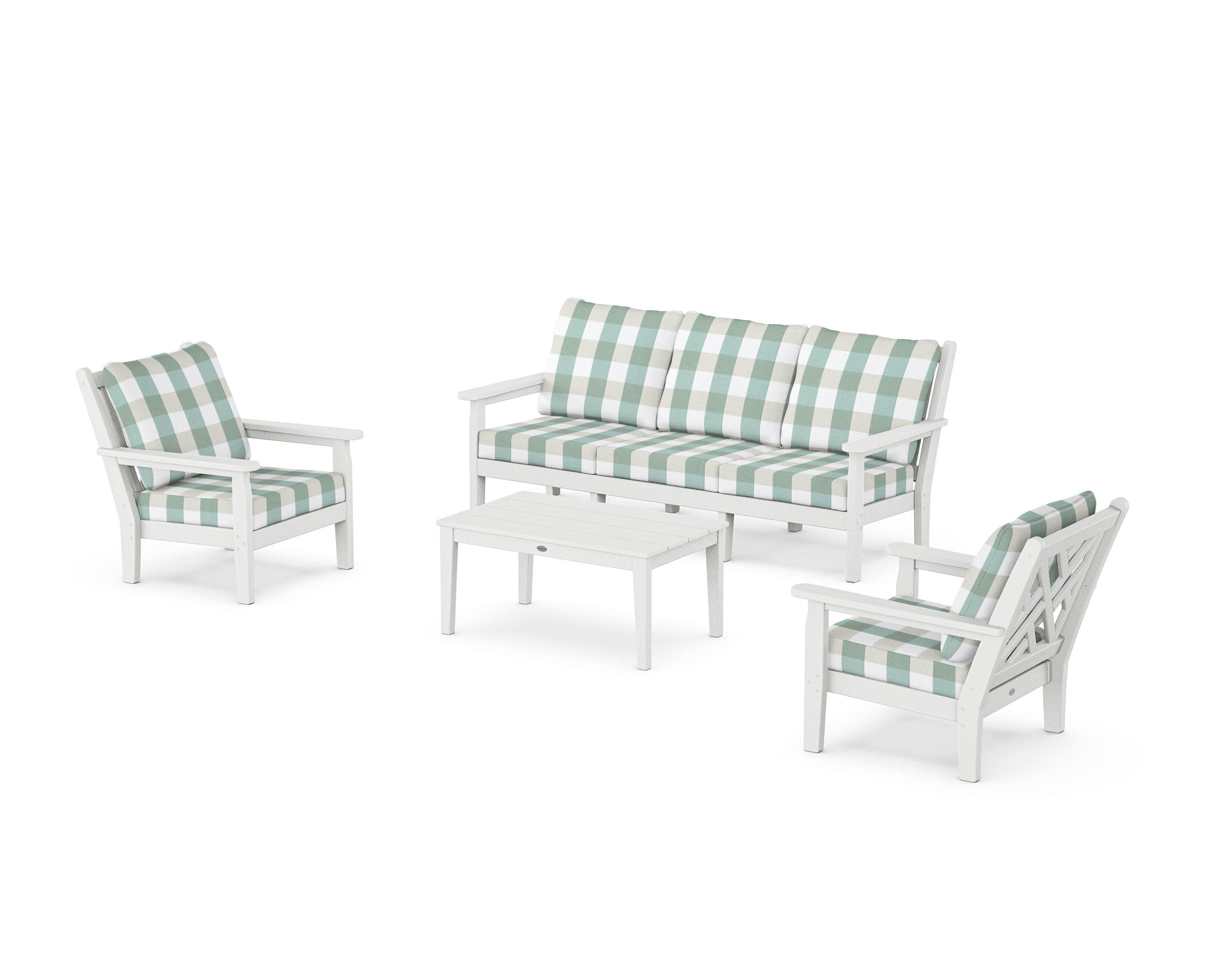 Chippendale 4-Piece Deep Seating Set with Sofa in White / Buffalo Plaid Glacier Spa