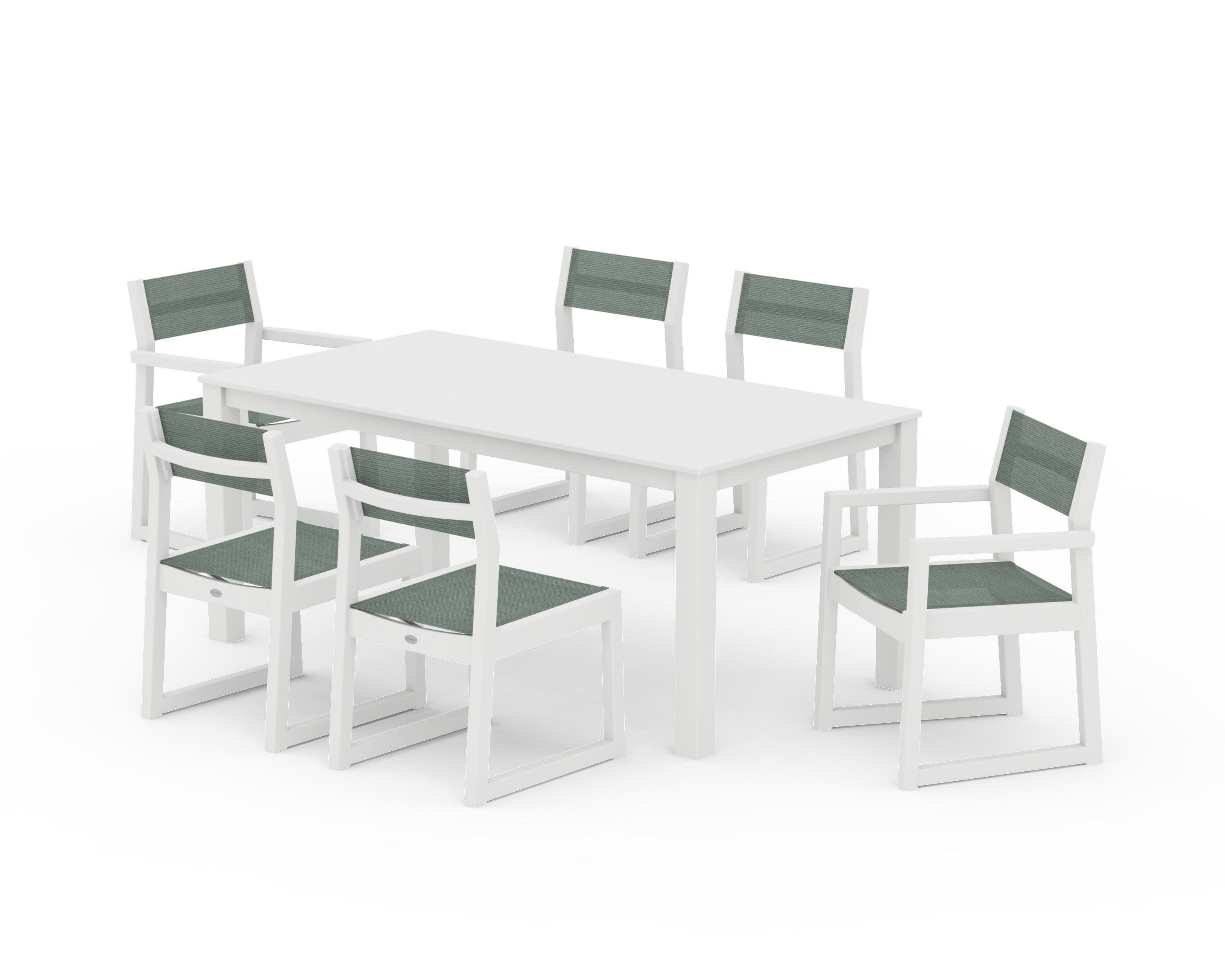 EDGE Sling 7-Piece Parsons Dining Set in White / Dupioni Sea Mist Sling