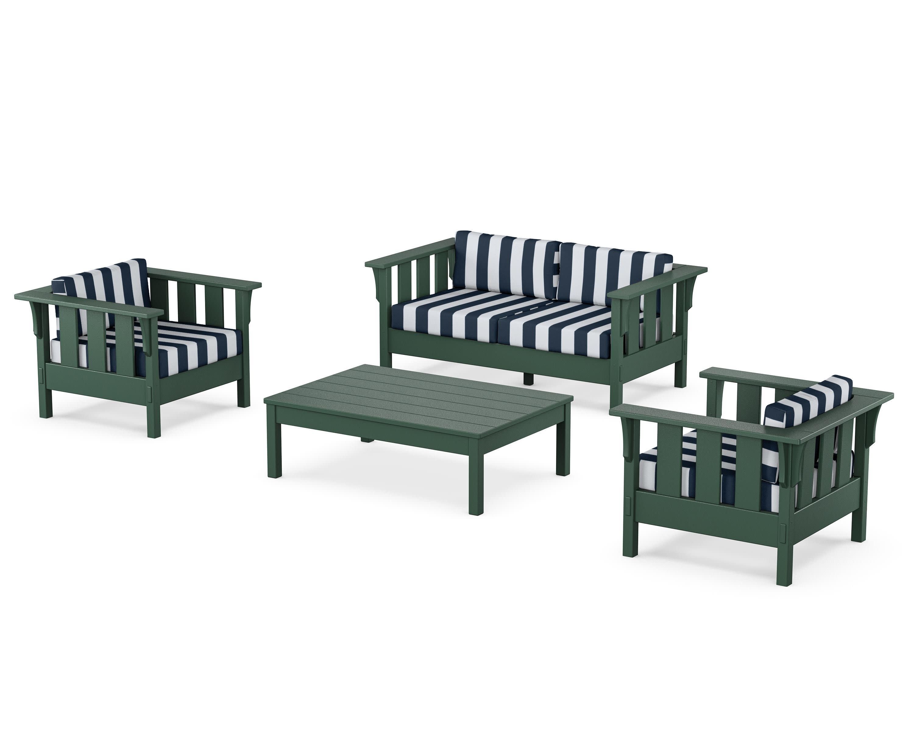 Acadia 4-Piece Deep Seating Set with Loveseat in Green / Cabana Stripe Marine Indigo