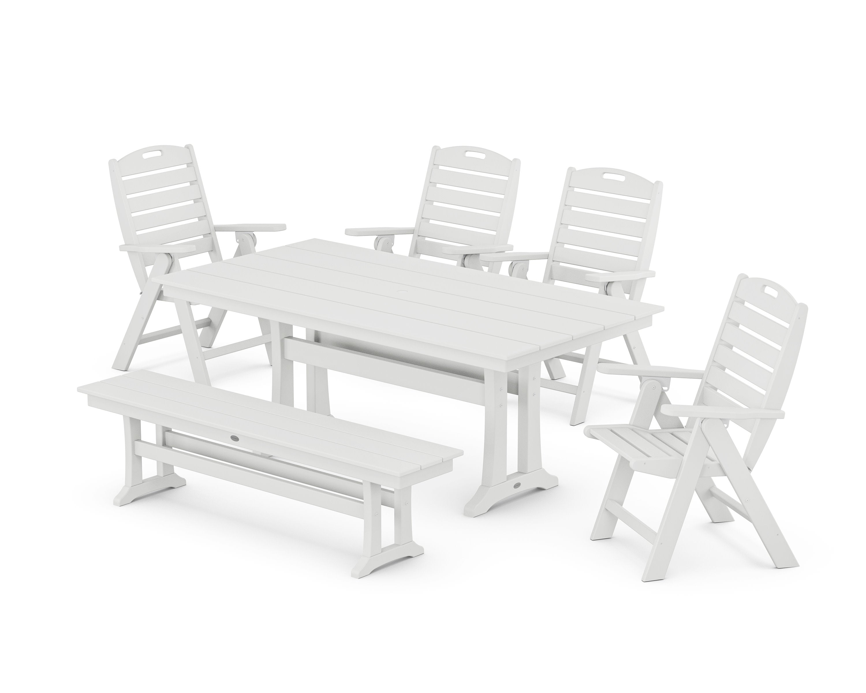 Nautical Highback 6-Piece Farmhouse Dining Set with Trestle Legs and Bench in White