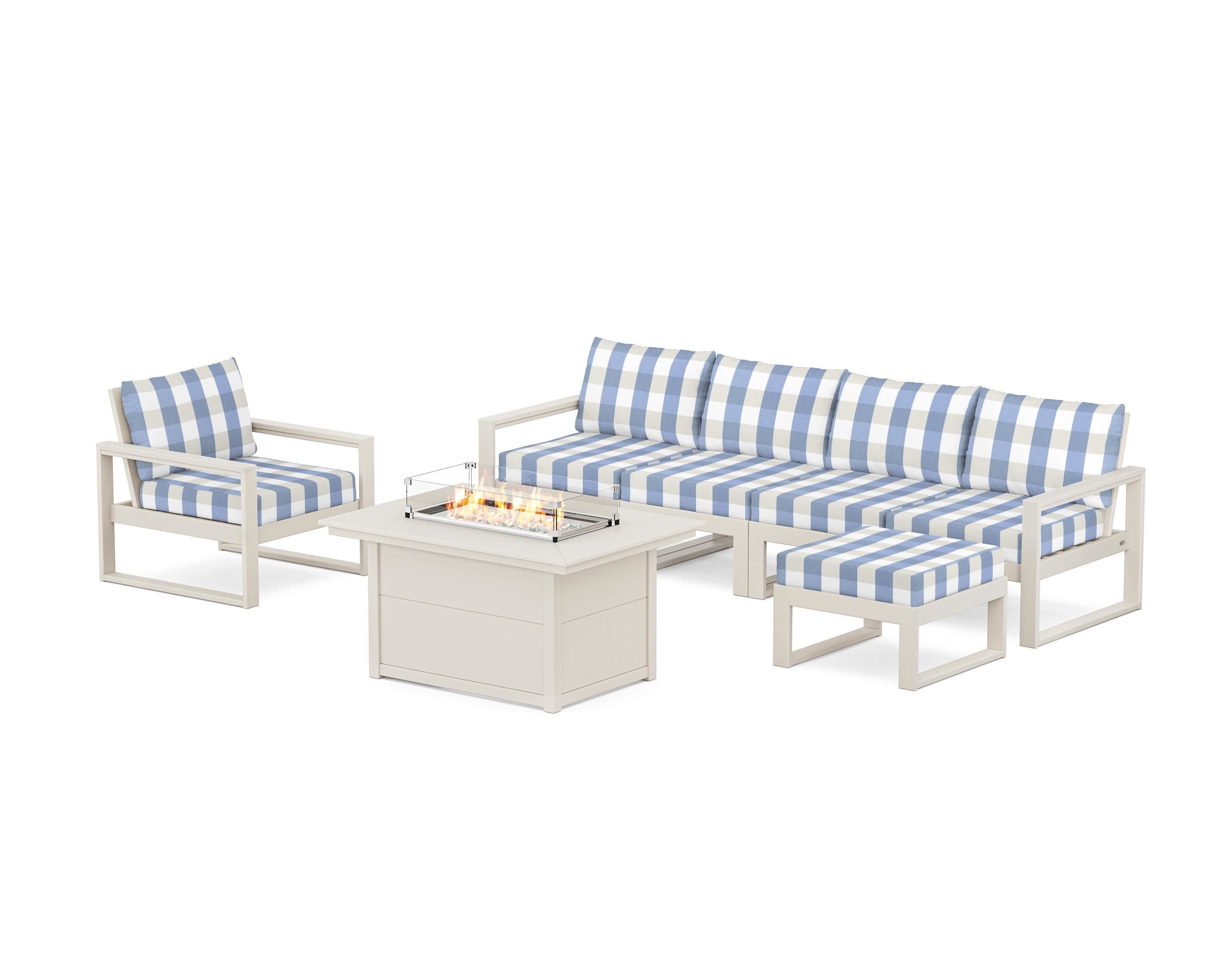 EDGE Sectional Lounge and Fire Pit Set in Sand / Buffalo Plaid Sky Blue