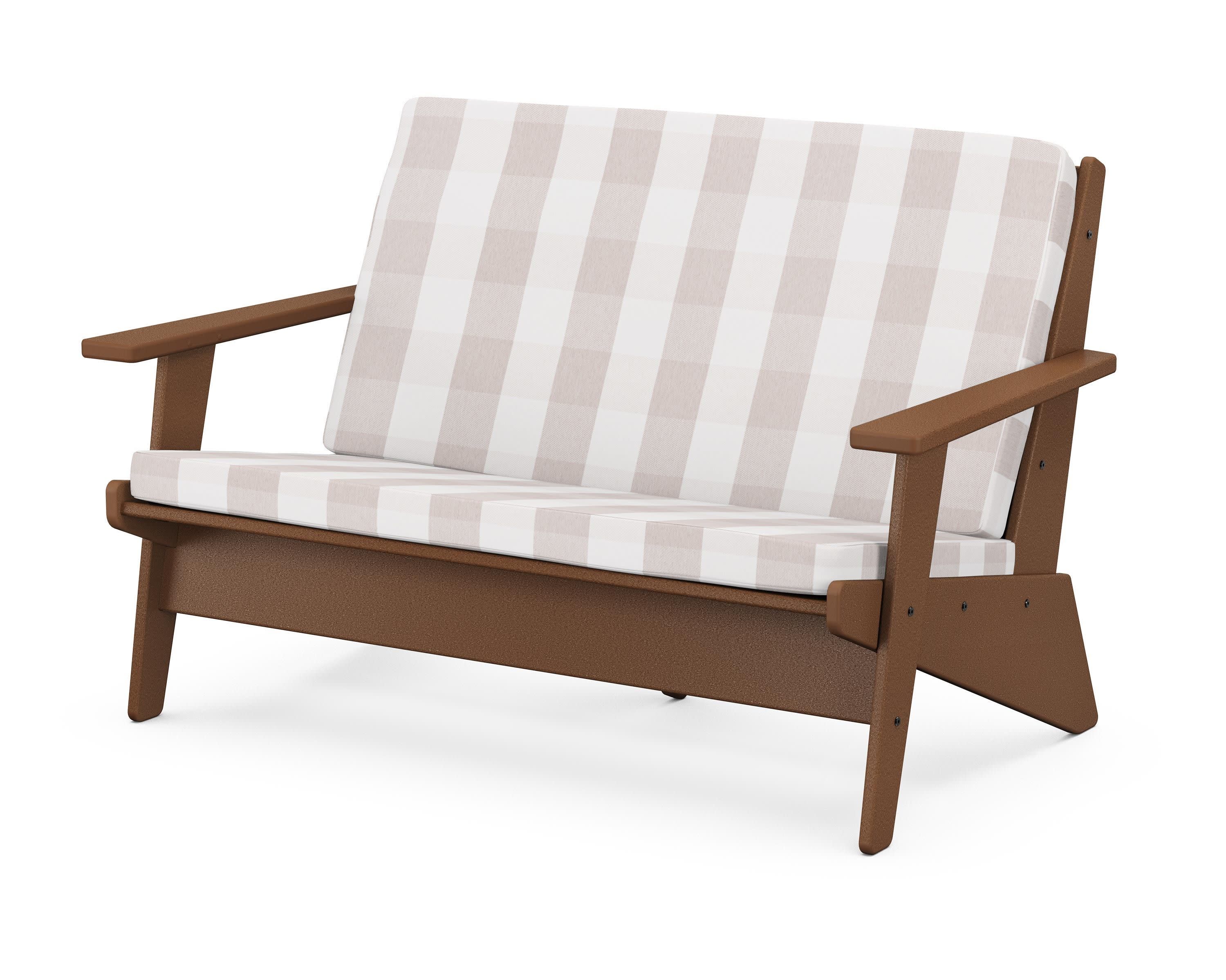 Riviera Modern Lounge Loveseat in Teak / Buffalo Plaid Dune Burlap