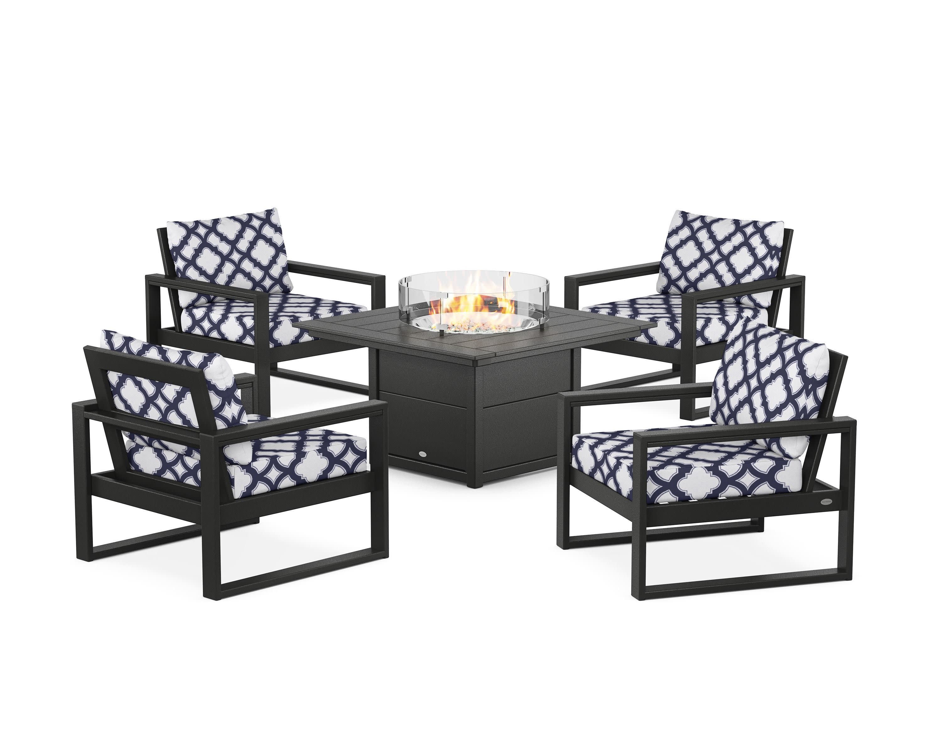 EDGE Sectional 5-Piece Deep Seating Set with Fire Pit Table in Black / Trellis Navy