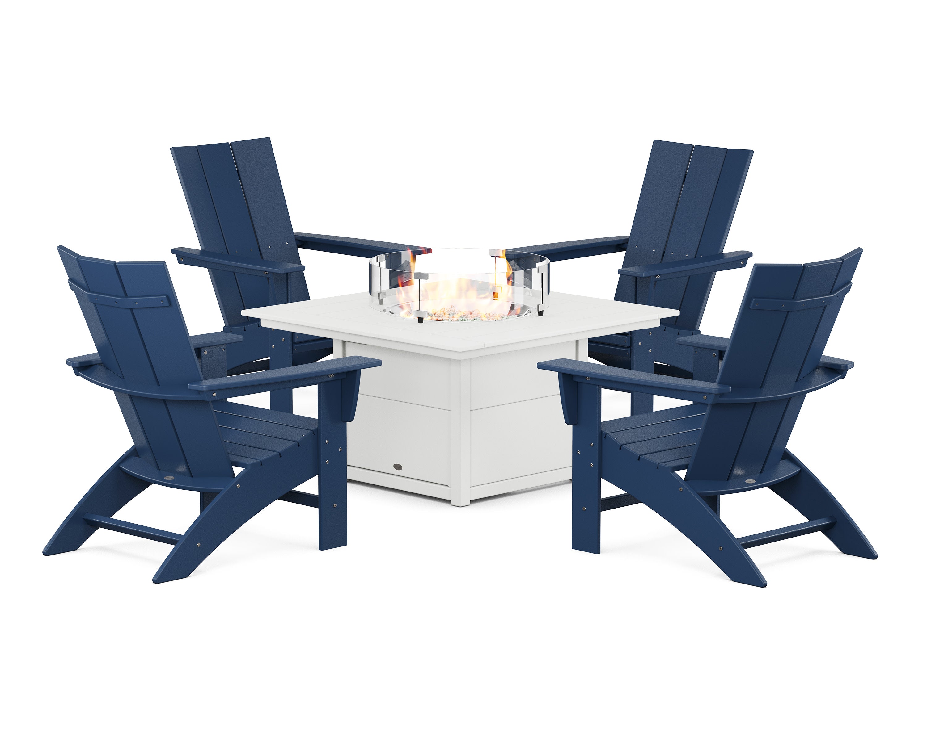 Modern Curveback Adirondack 5-Piece Conversation Set with Fire Pit Table in Navy / White