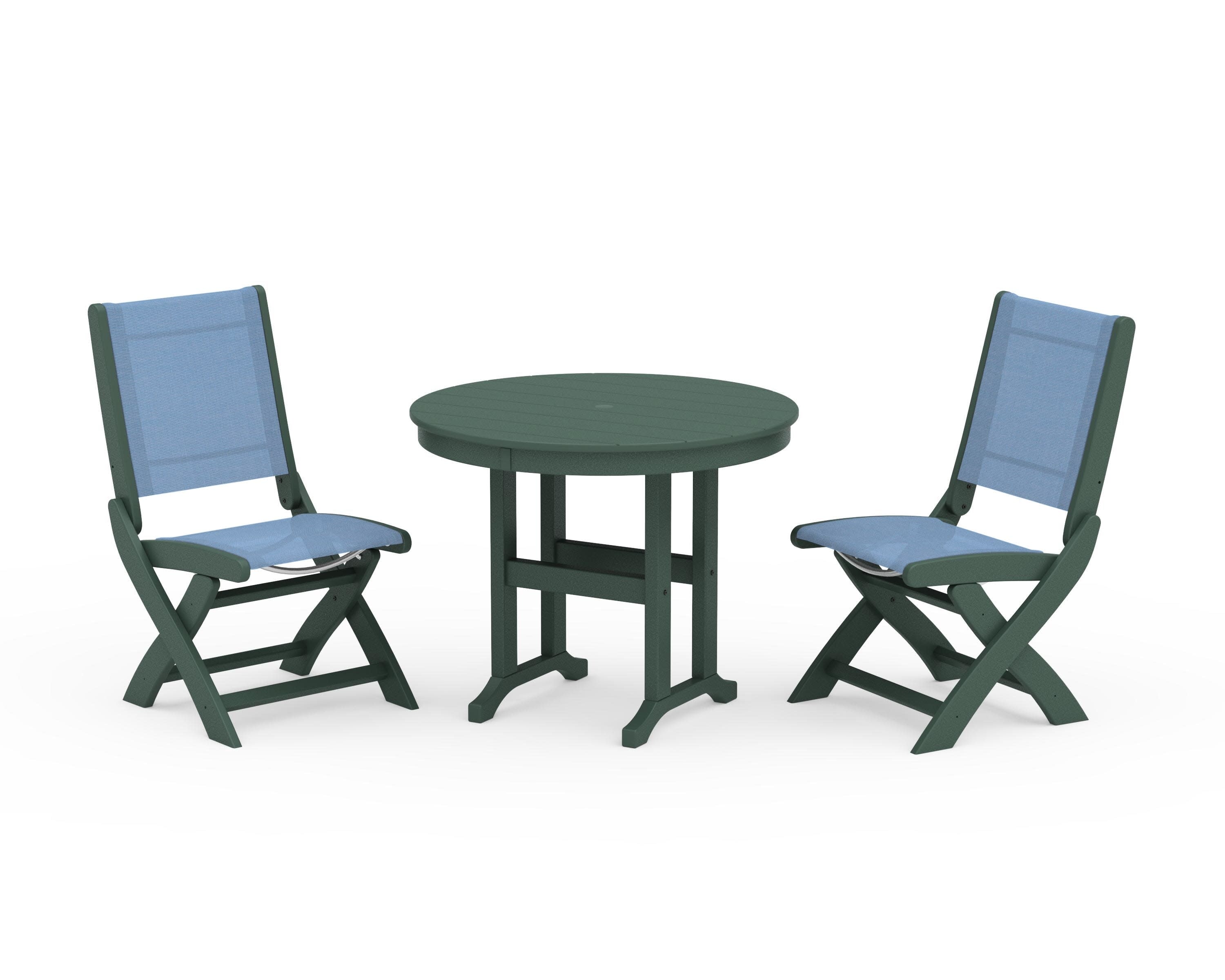 Coastal Folding Side Chair 3-Piece Round Dining Set in Green / Poolside Sling