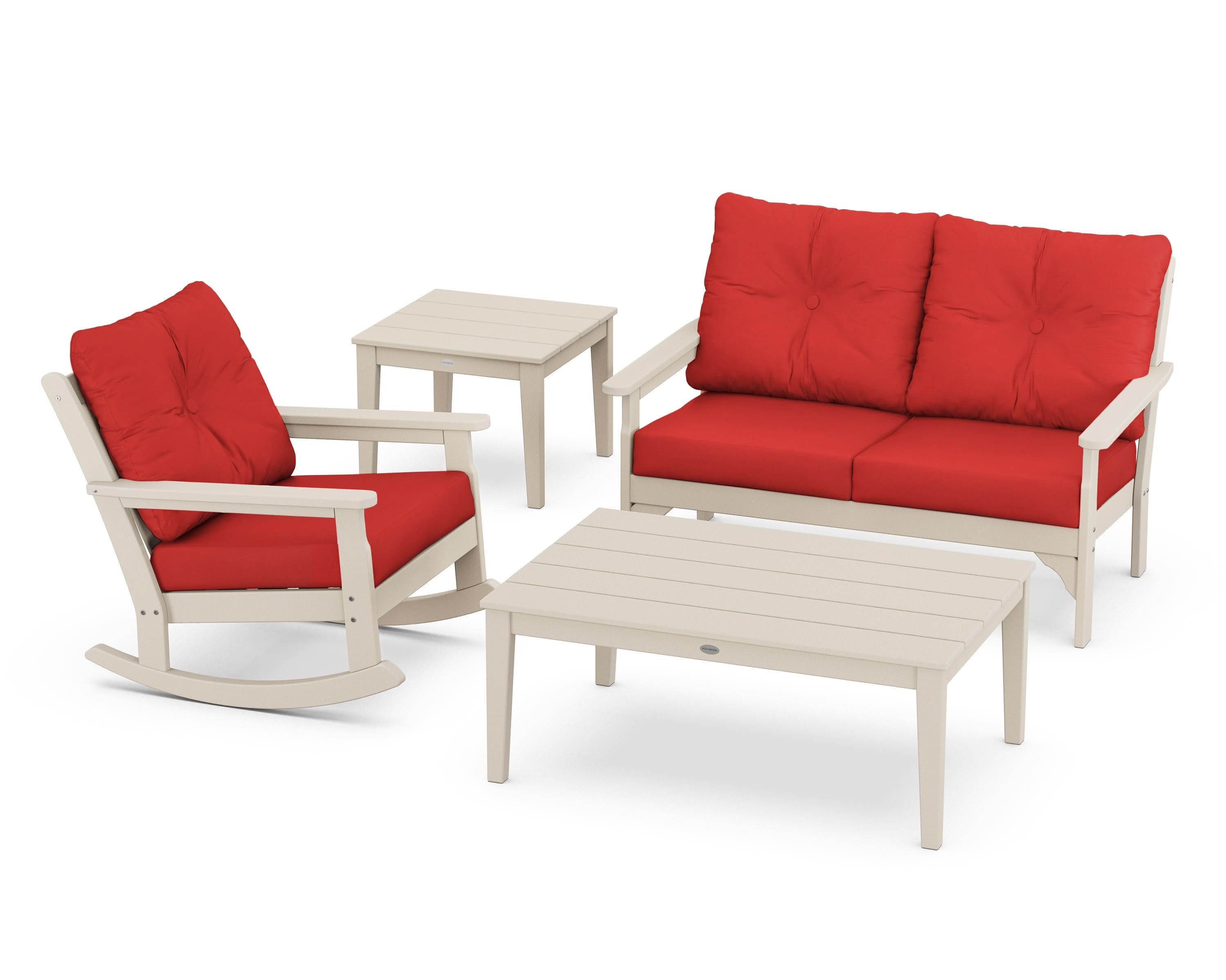 Vineyard 4-Piece Deep Seating Rocker Set in Sand / Crimson Linen