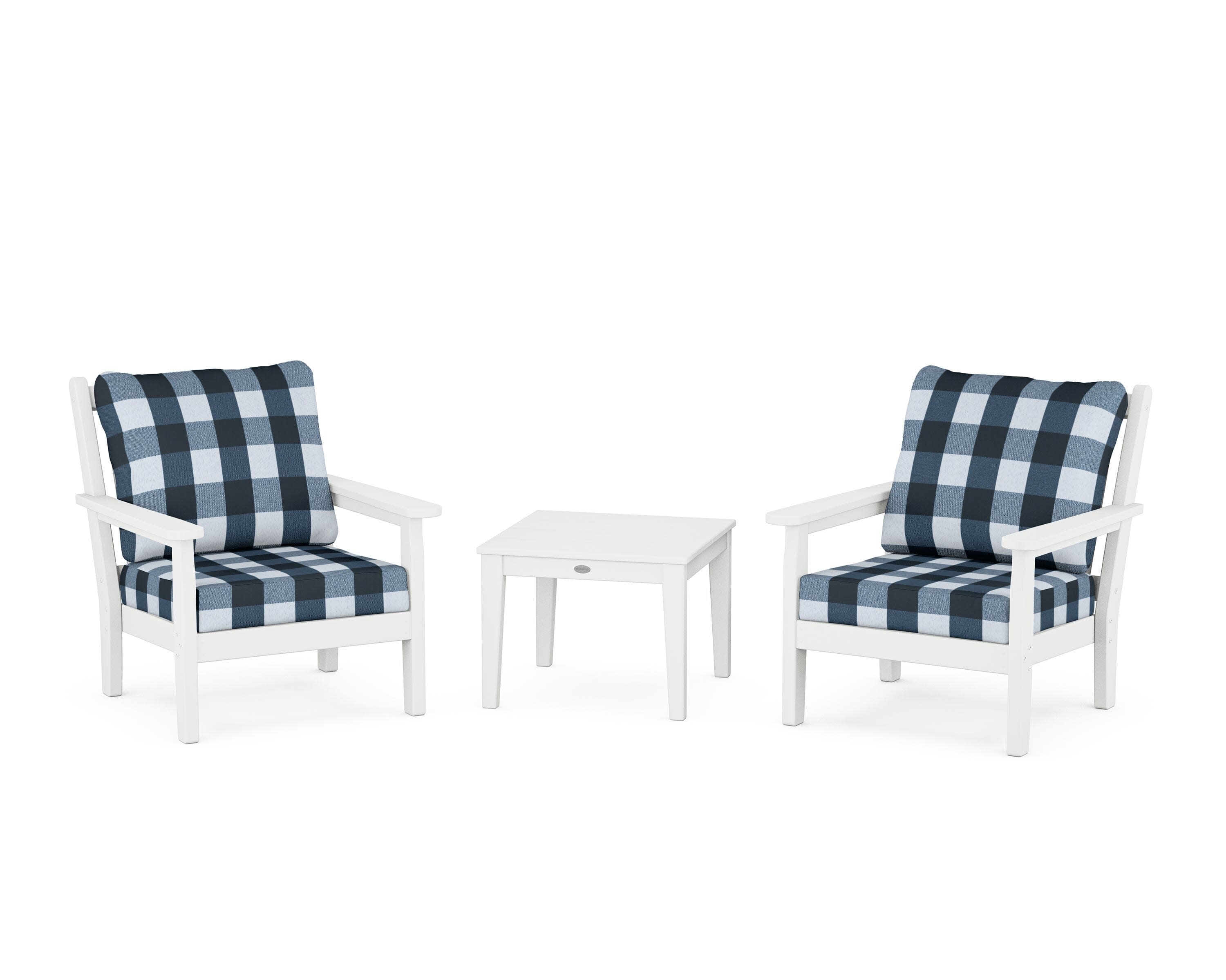 Chippendale 3-Piece Deep Seating Set in White / Buffalo Plaid Marine Indigo