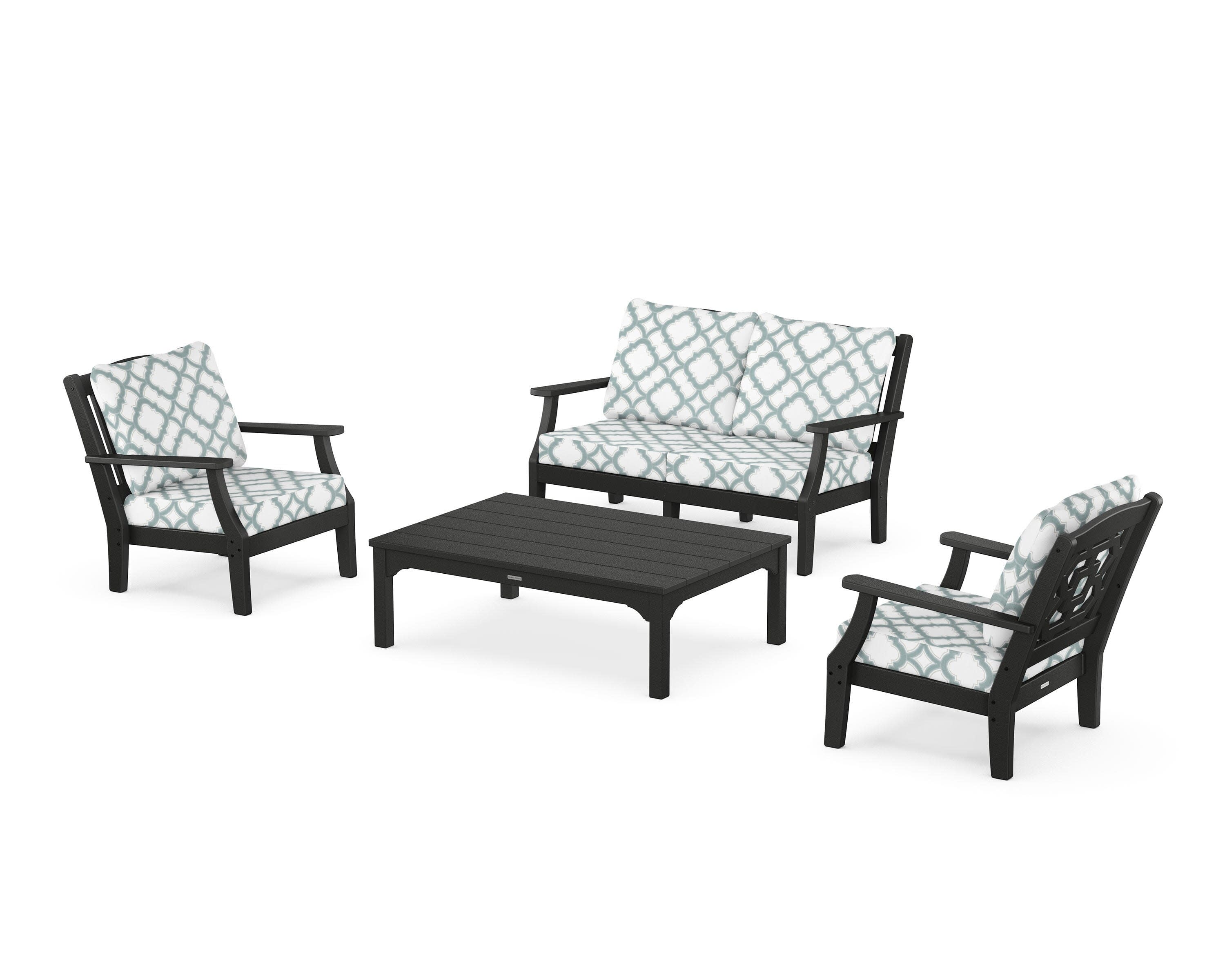 Chinoiserie 4-Piece Deep Seating Set with Loveseat in Black / Trellis Glacier Spa