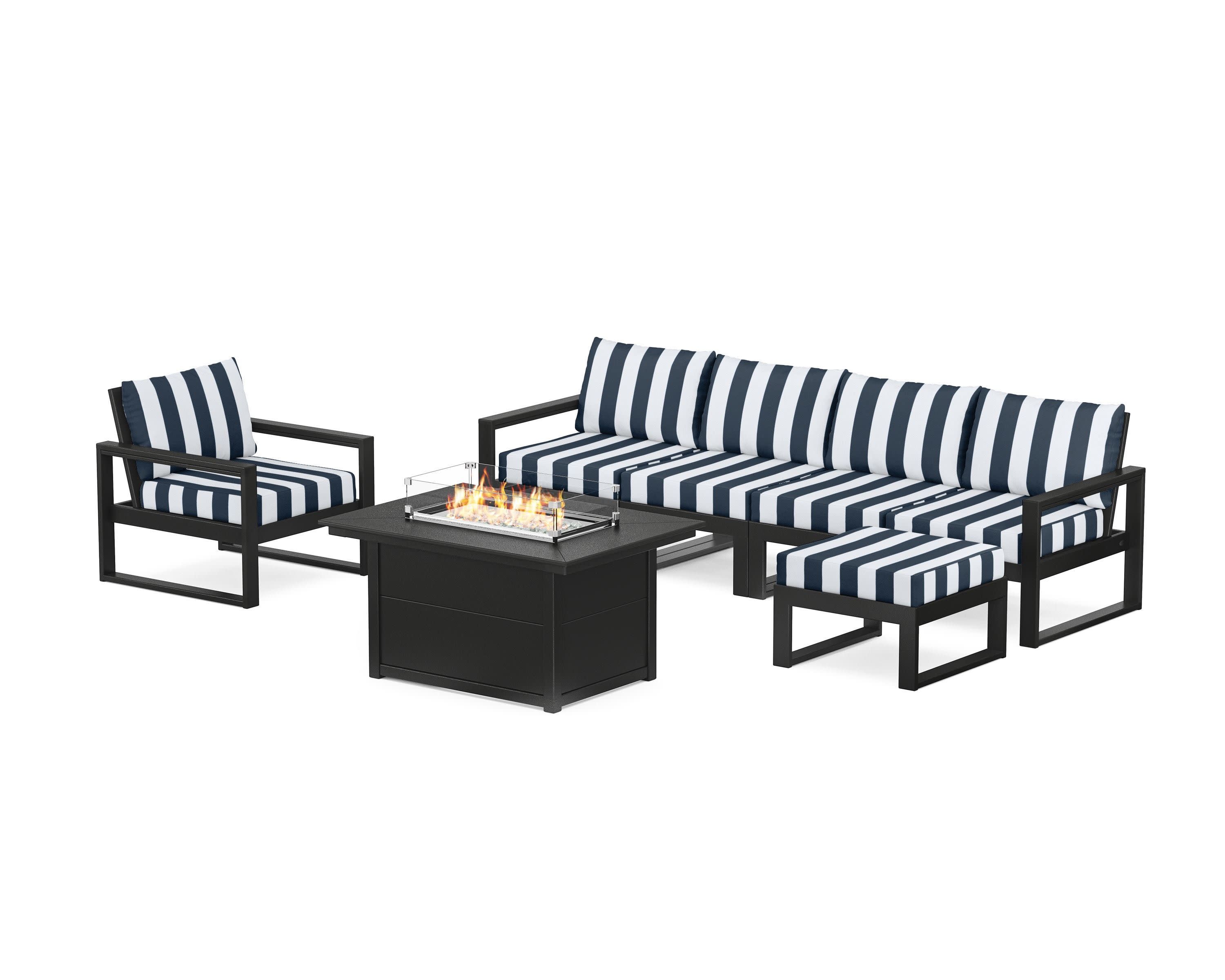 EDGE Sectional Lounge and Fire Pit Set in Black / Cabana Stripe Marine Indigo