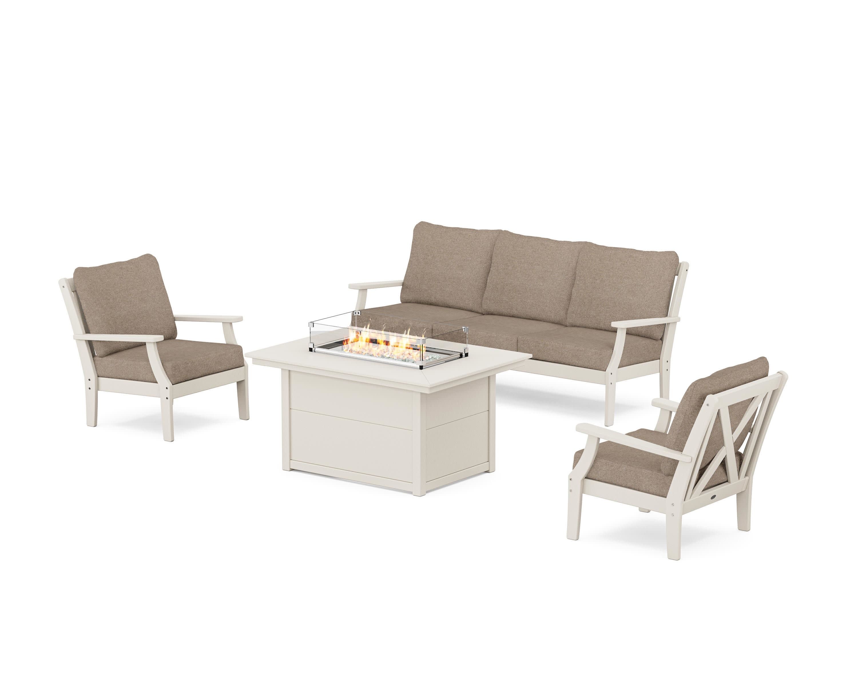 Braxton Deep Seating Fire Pit Table Set in Sand / Spiced Burlap