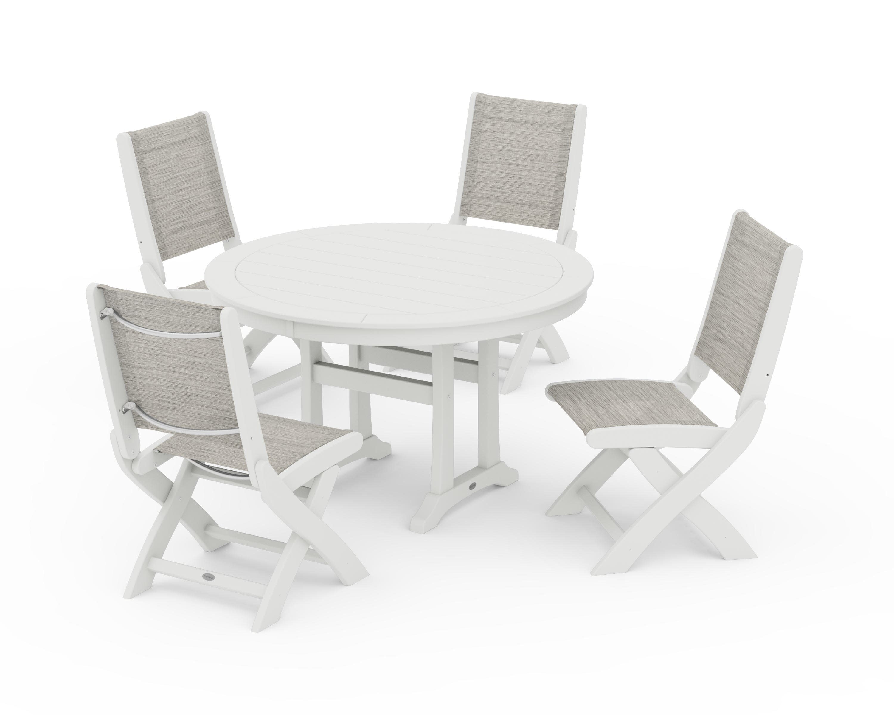 Coastal Folding Side Chair 5-Piece Round Dining Set With Trestle Legs in Vintage White / Birch Sling