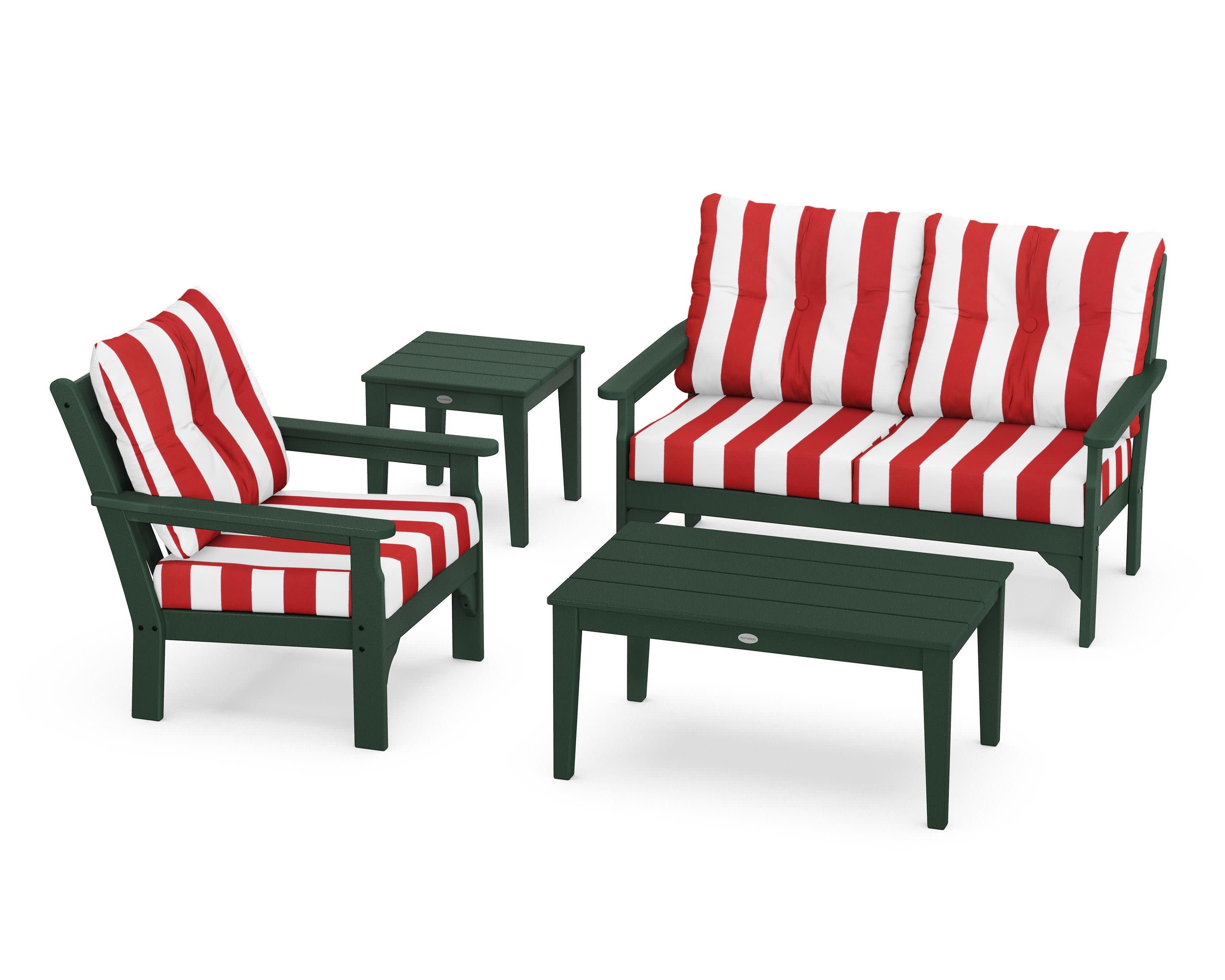Vineyard 4-Piece Deep Seating Set in Green / Cabana Stripe Crimson