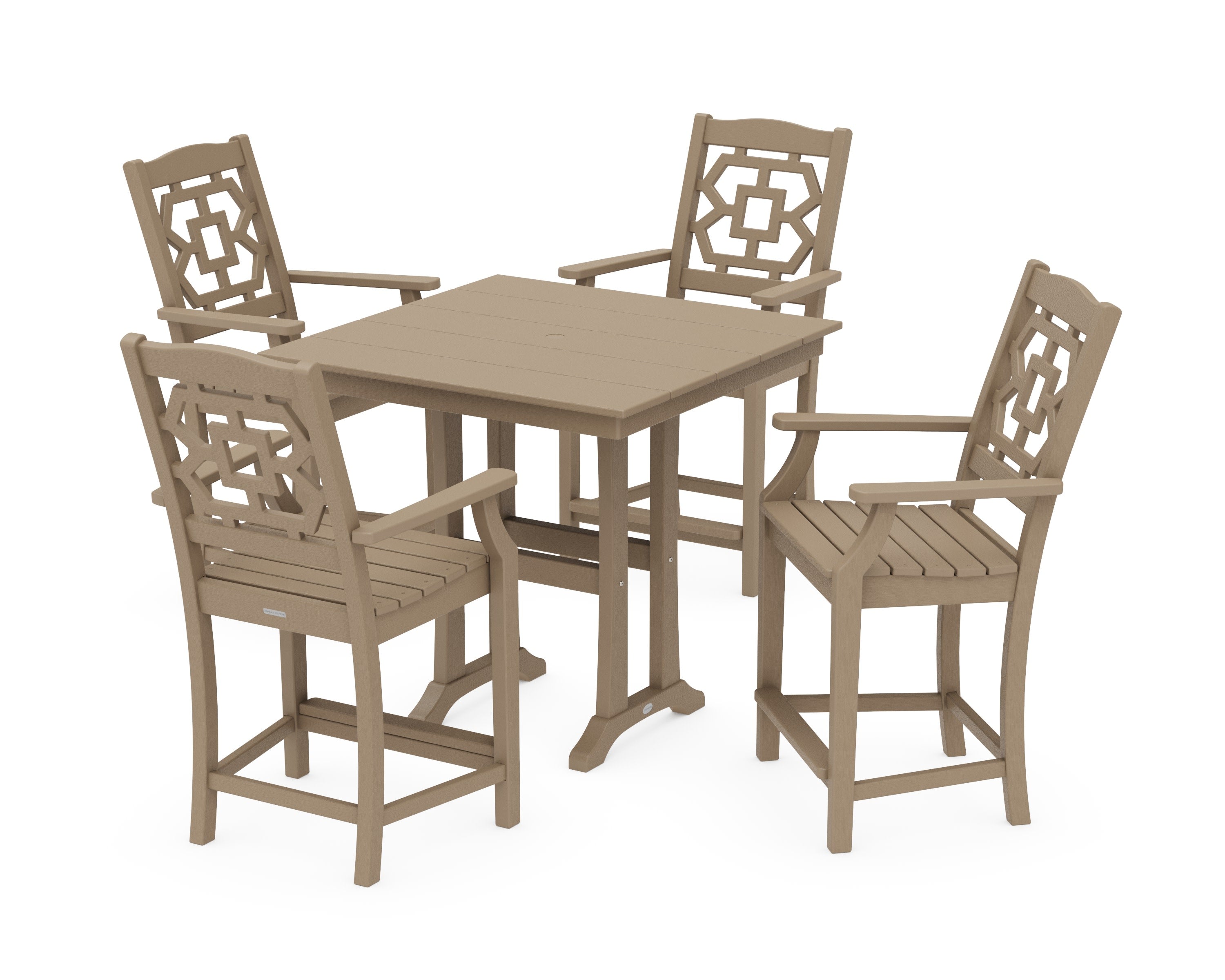 Chinoiserie 5-Piece Farmhouse Counter Set with Trestle Legs in Vintage Sahara