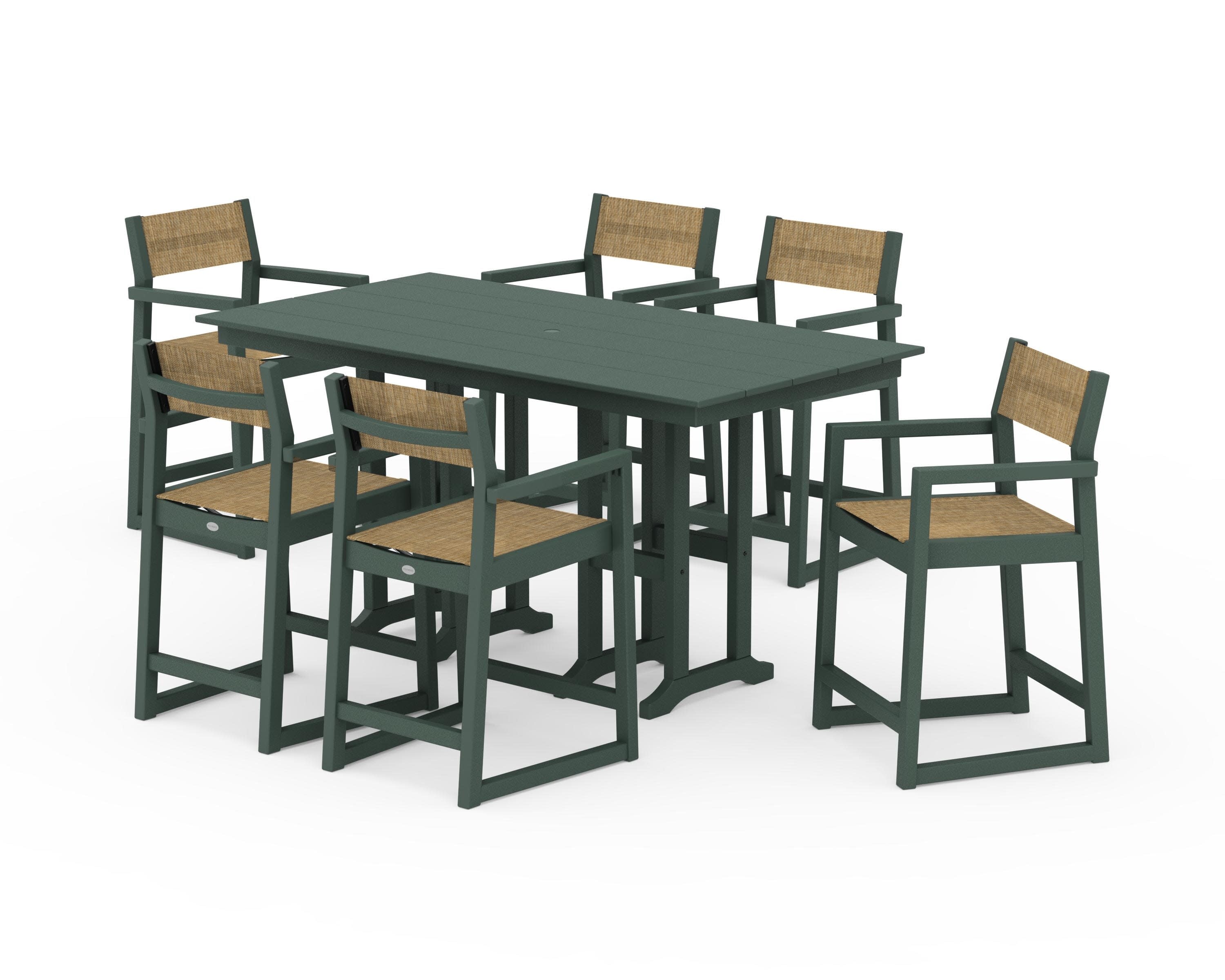 EDGE Sling Arm Chair 7-Piece Farmhouse Counter Set in Green / Burlap Sling