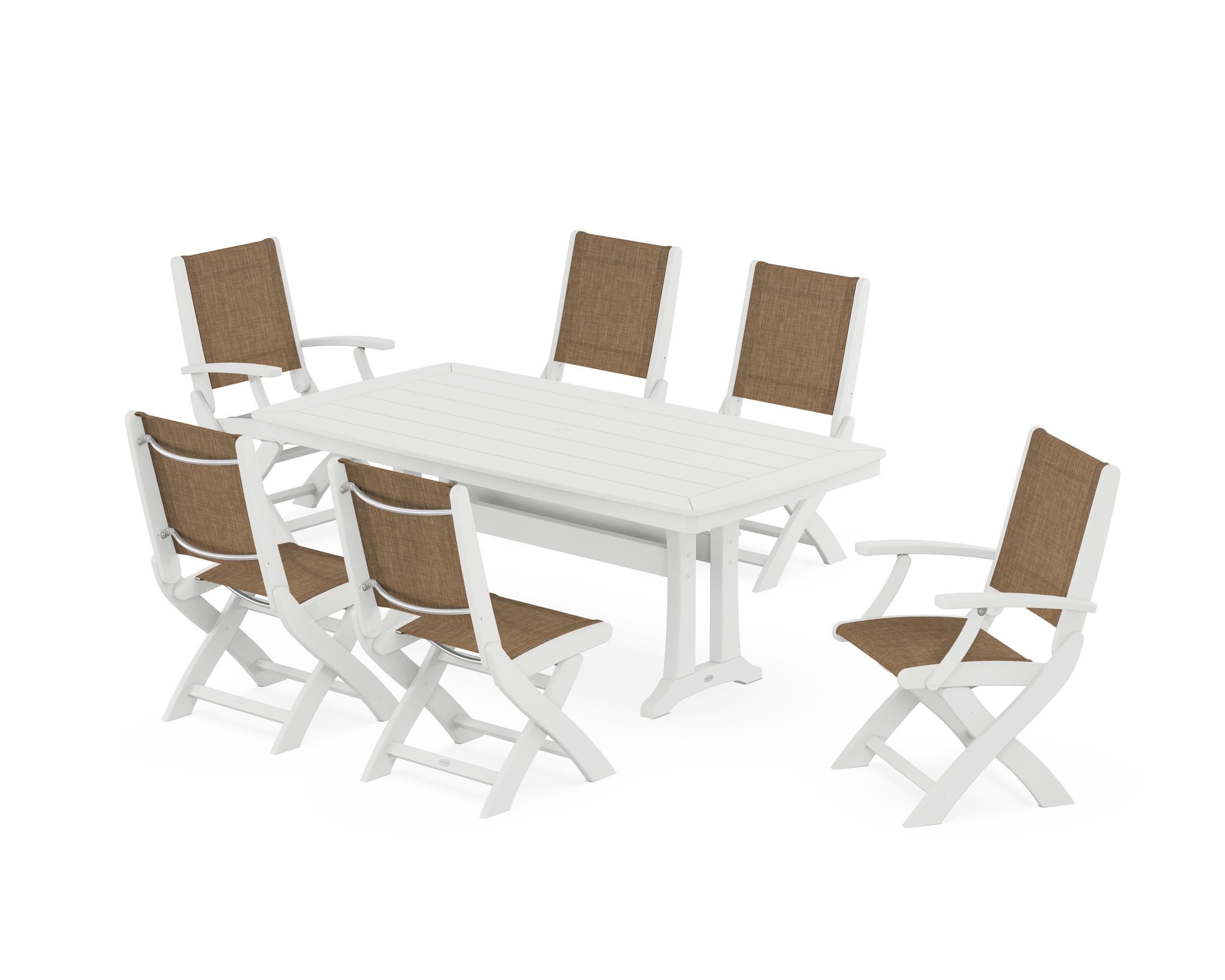 Coastal Folding Chair 7-Piece Dining Set with Trestle Legs in White / Burlap Sling