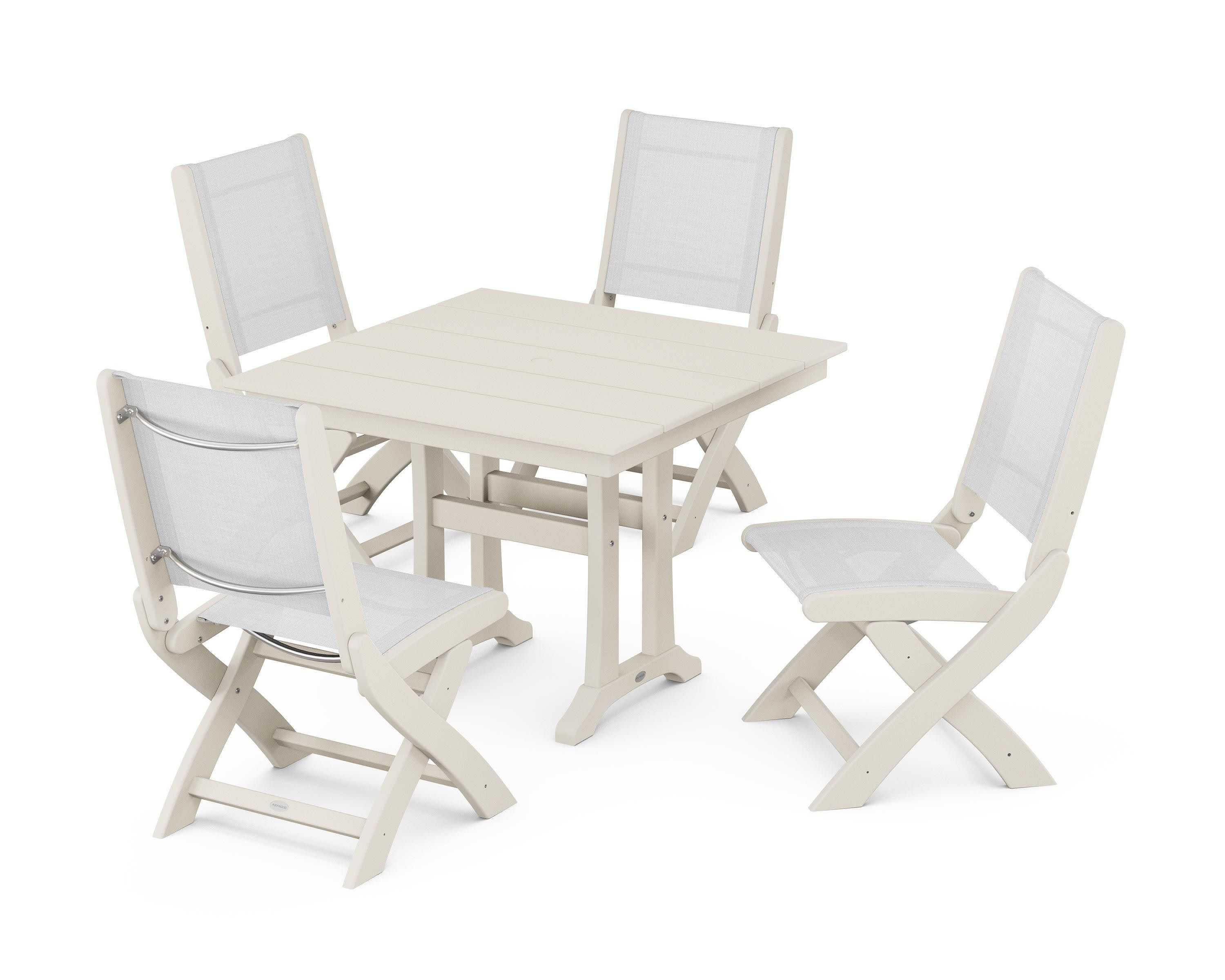 Coastal Folding Side Chair 5-Piece Farmhouse Dining Set With Trestle Legs in Sand / White Sling