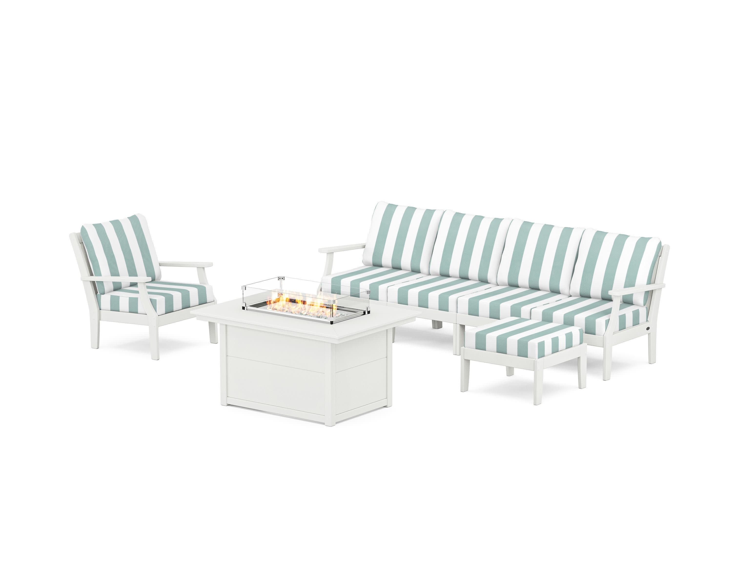 Braxton Sectional Lounge and Fire Pit Set in Vintage White / Cabana Stripe Glacier Spa