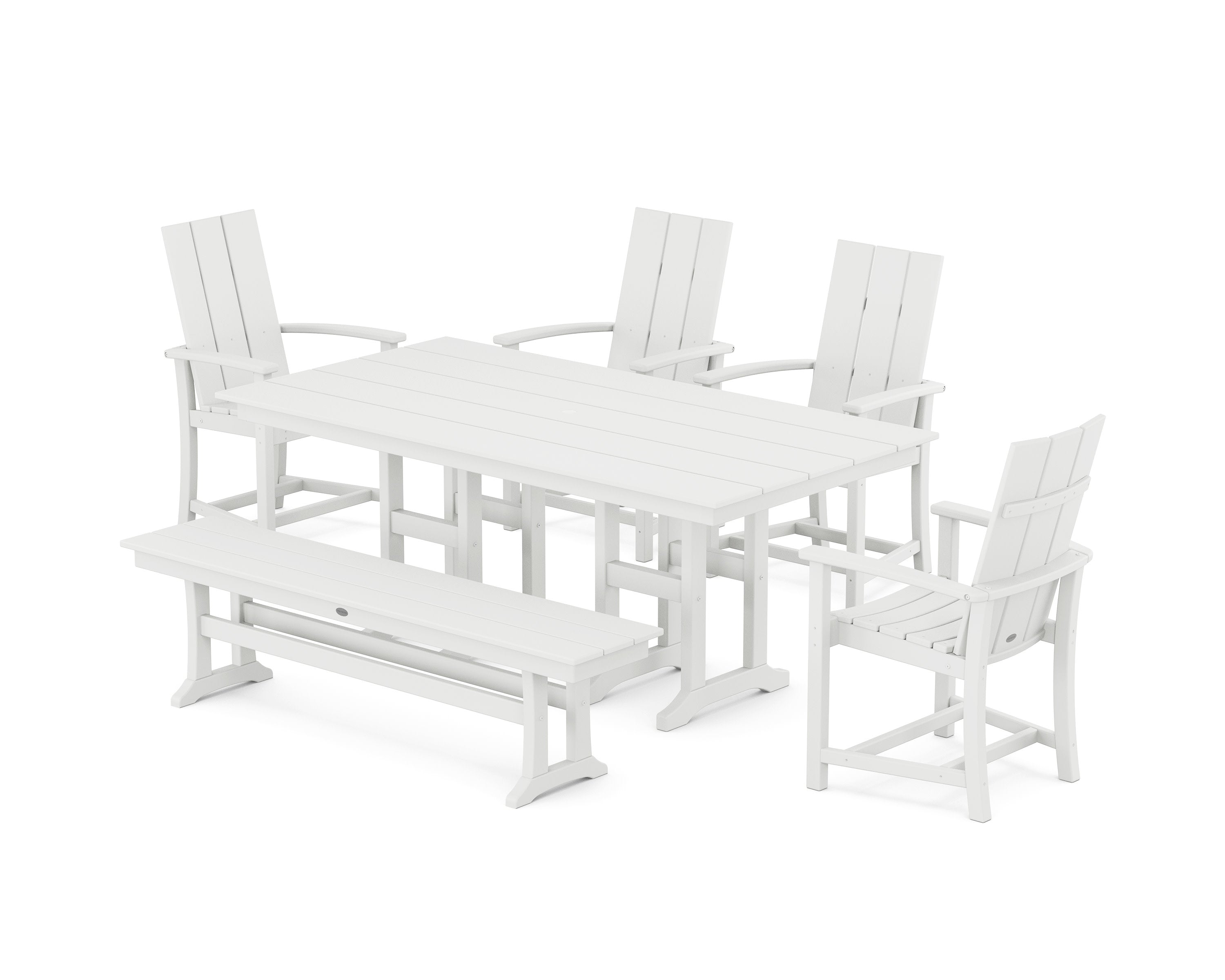 Modern Adirondack 6-Piece Dining Set with Trestle Legs and Bench in White