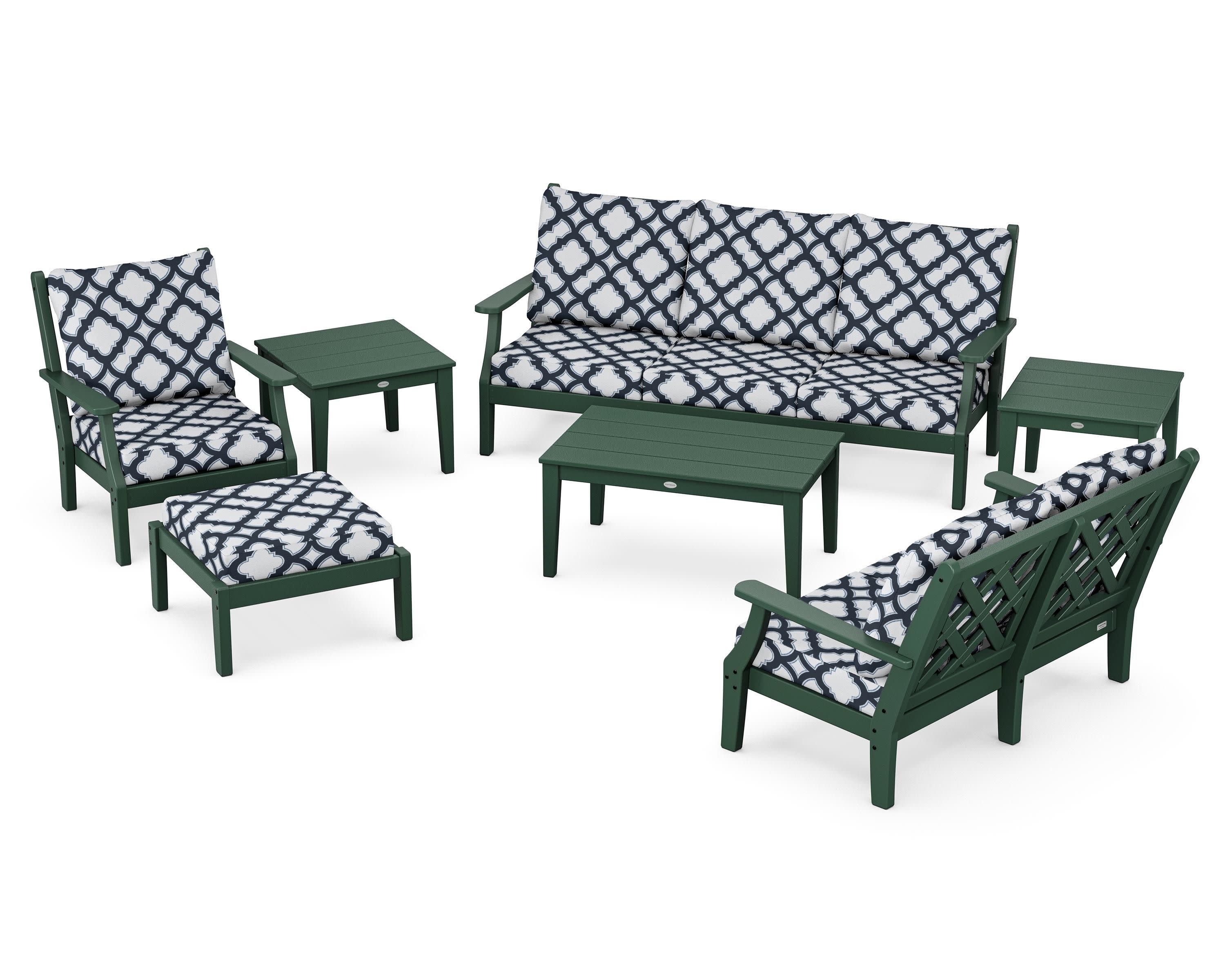Wovendale 7-Piece Deep Seating Set in Green / Trellis Marine Indigo