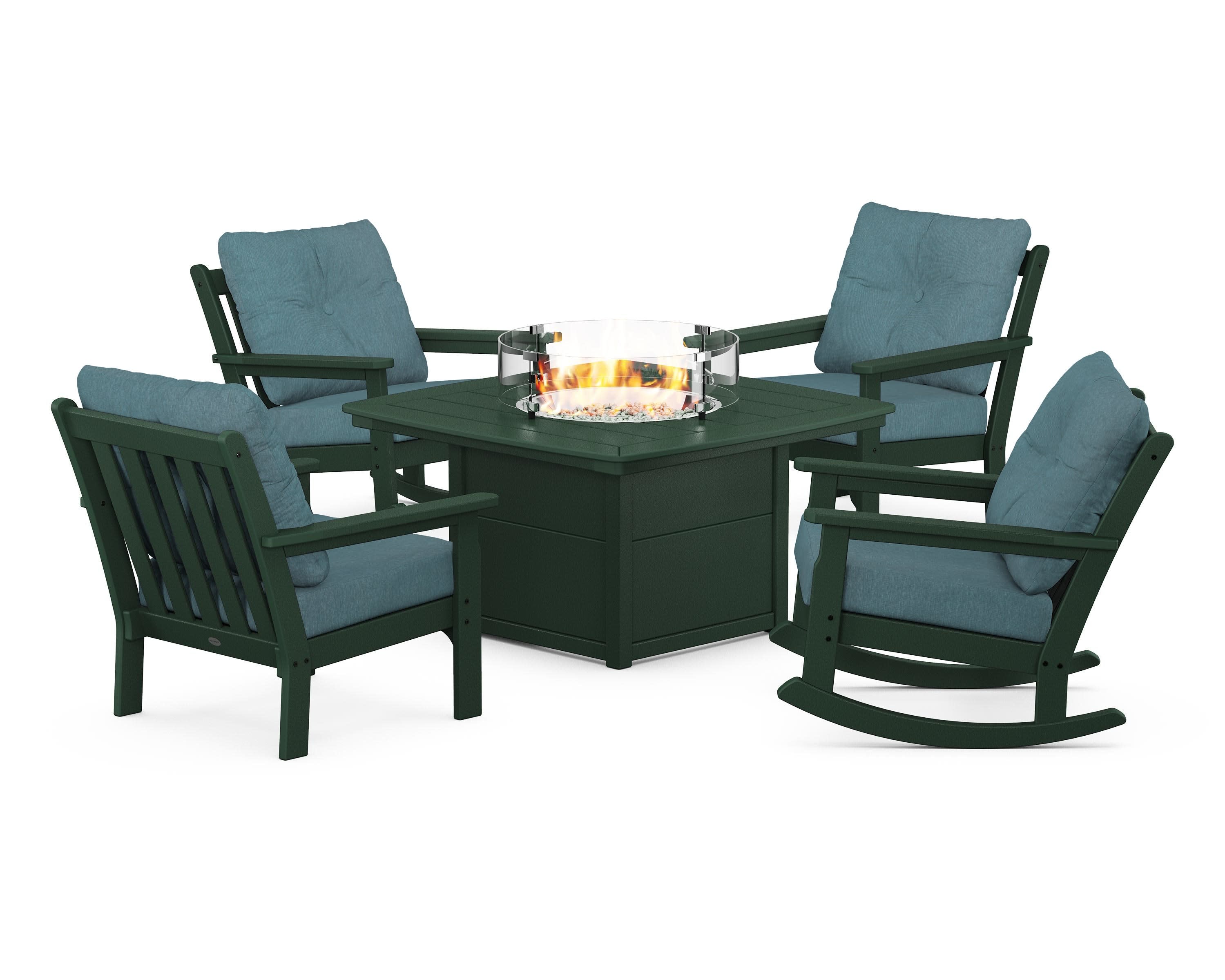 Vineyard 5-Piece Deep Seating Rocking Chair Conversation Set with Fire Pit Table in Green / Ocean Teal
