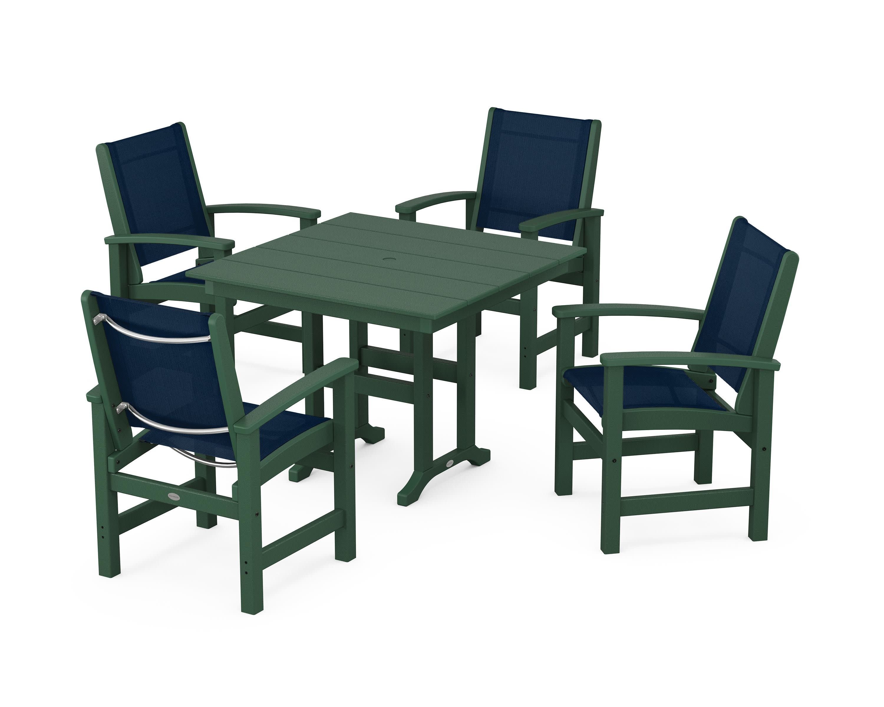 Coastal 5-Piece Farmhouse Dining Set in Green / Navy Blue Sling