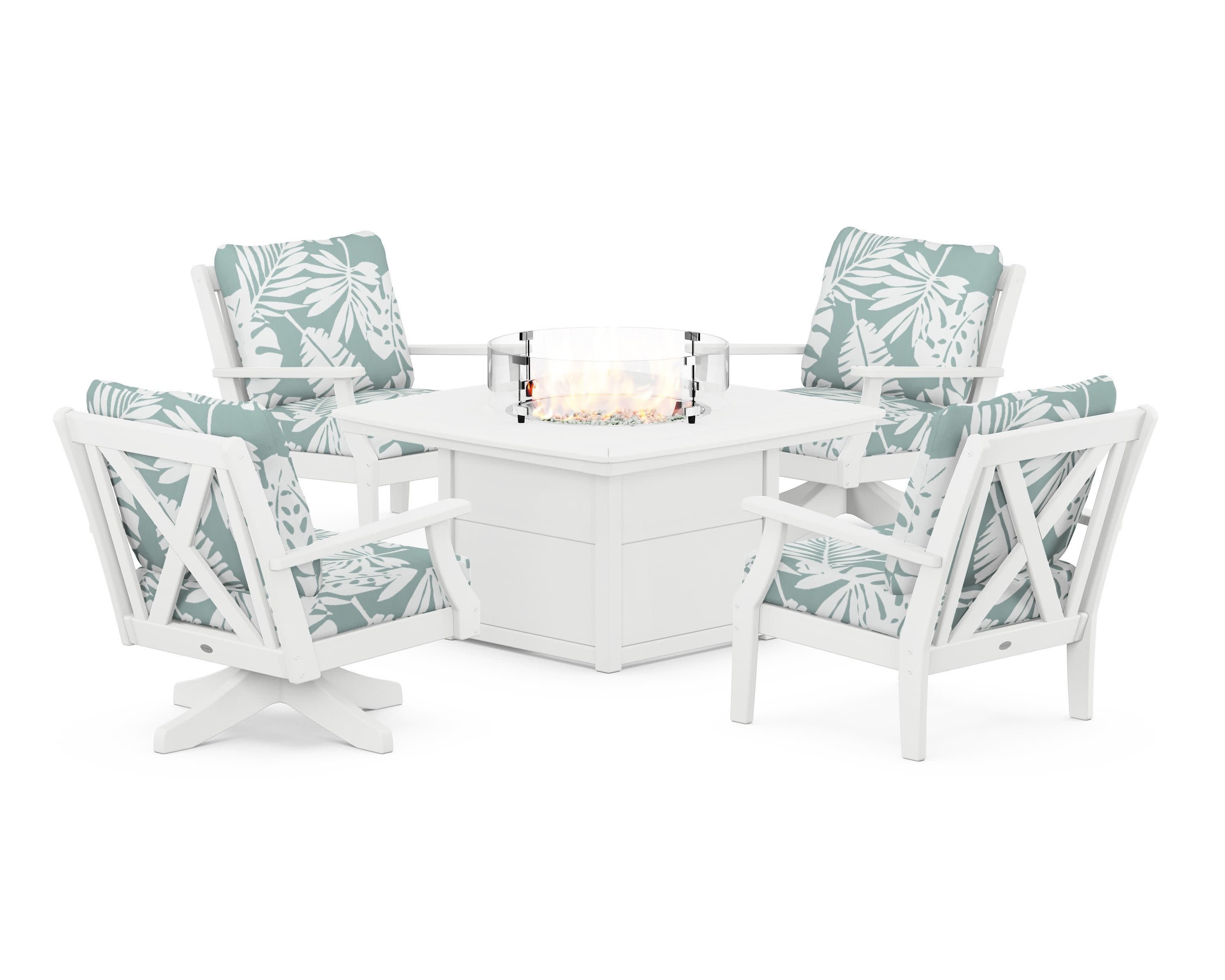 Braxton 5-Piece Deep Seating Set with Fire Table in White / Leaf Glacier Spa