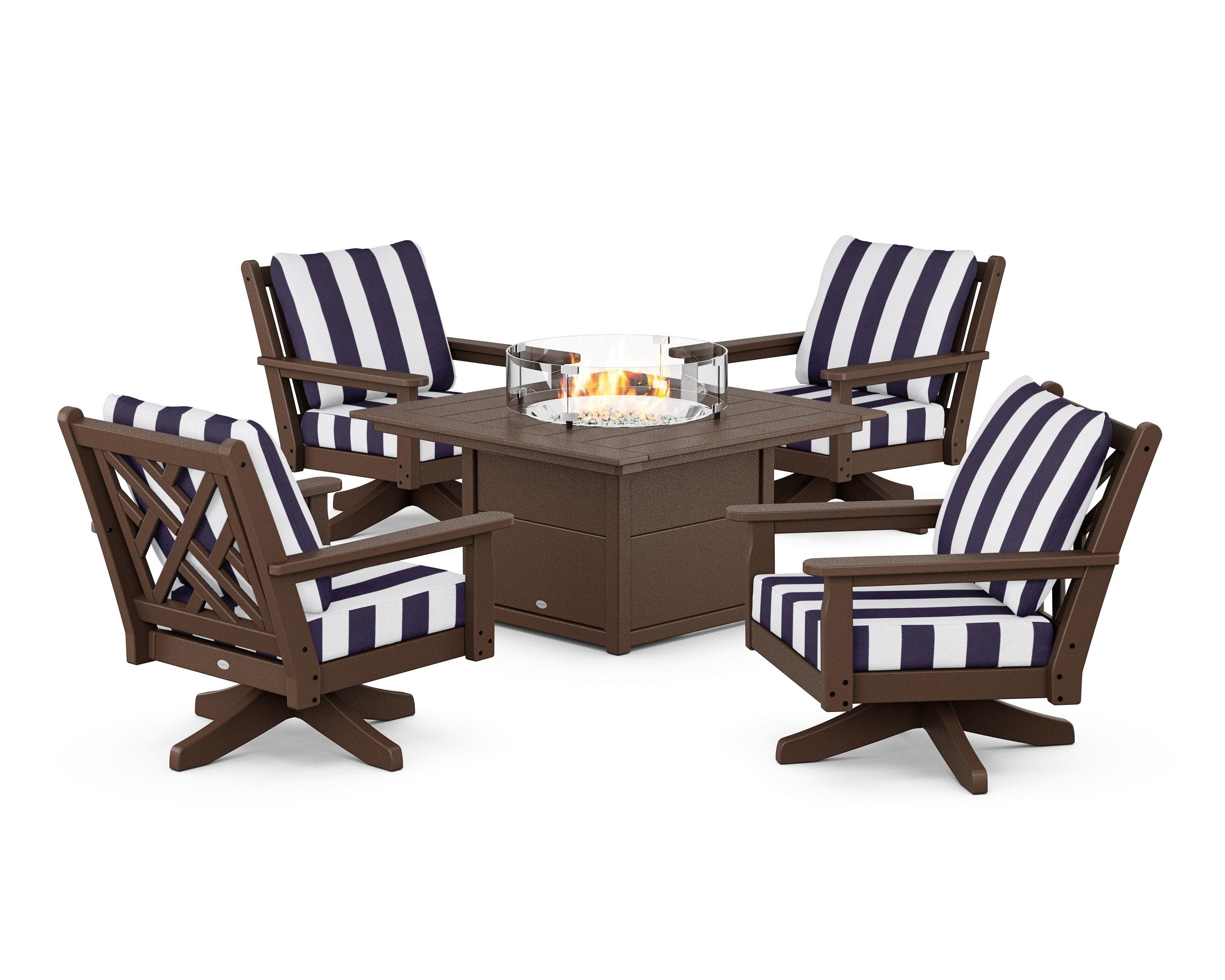 Chippendale 5-Piece Deep Seating Swivel Conversation Set with Fire Pit Table in Mahogany / Cabana Stripe Navy