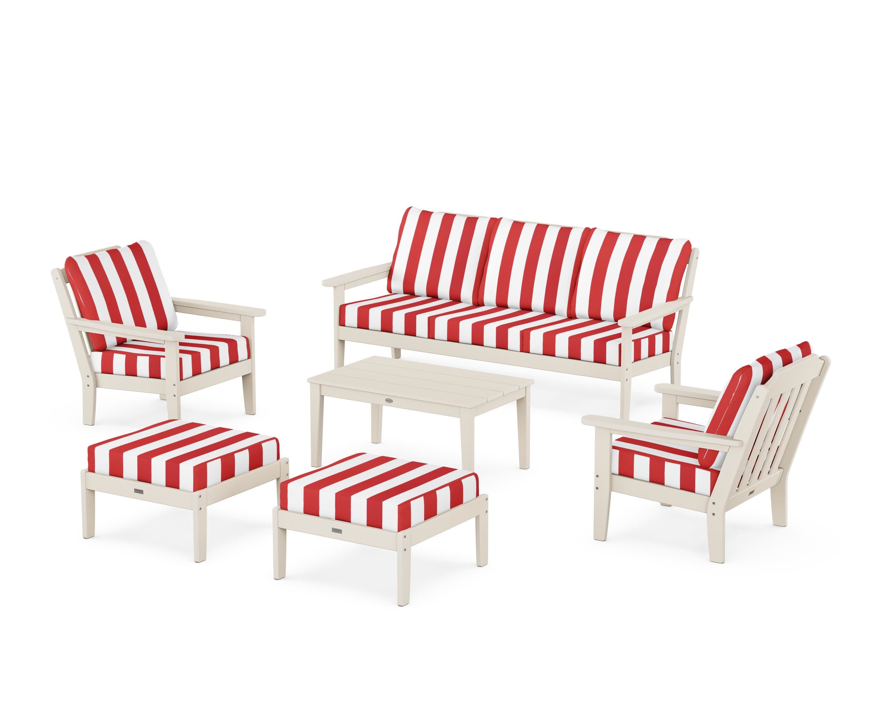 Cottage 6-Piece Lounge Sofa Set in Sand / Cabana Stripe Crimson